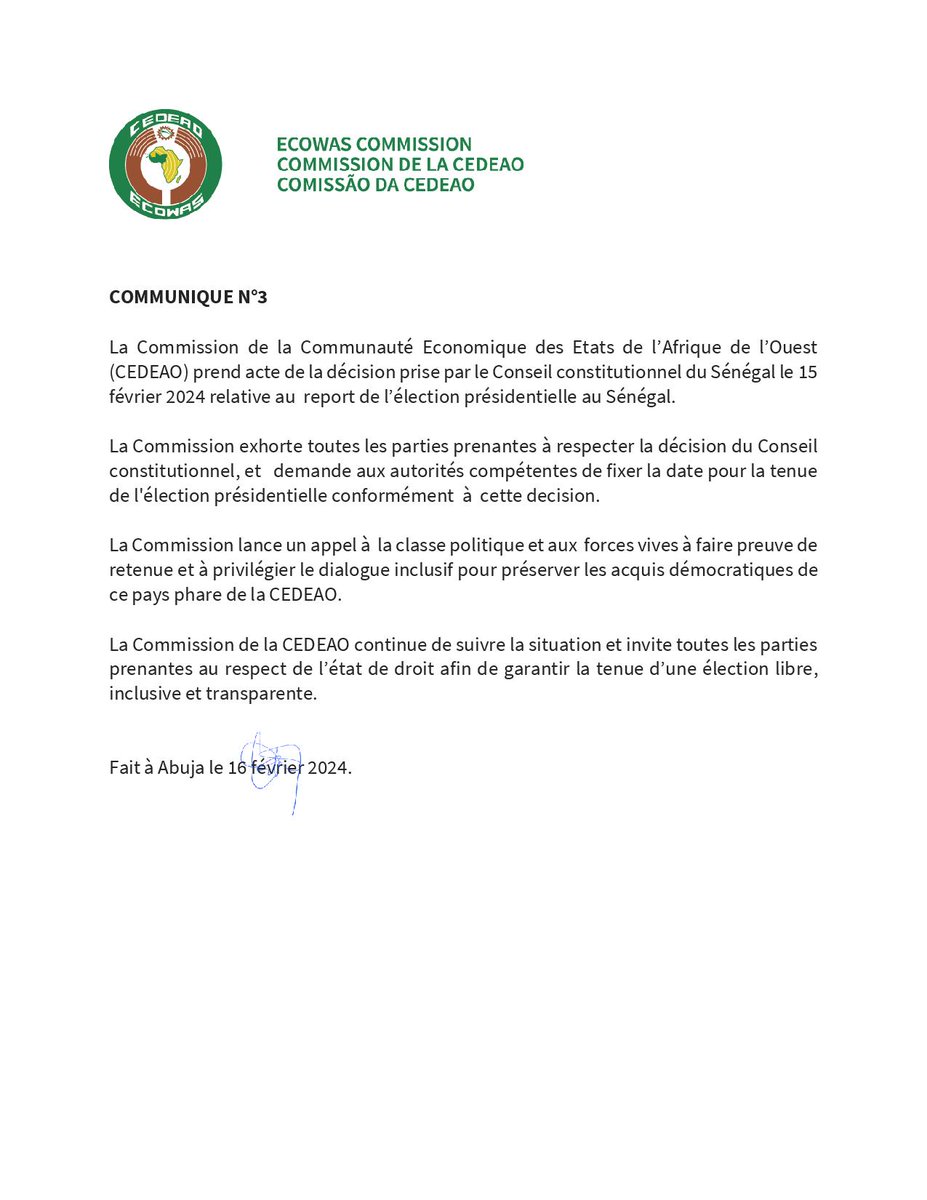 ecowas_cedeao's tweet photo. Communique sur le Sénégal (N°3) https://t.co/eN6s04WYEq