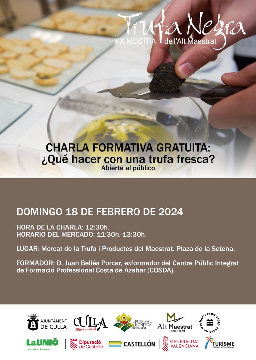 El domingo 18 , el 'Mercat de la Trufa' ⚫ cierra la temporada en plaza de la Setena. Y lo hará con una ponencia sobre cómo aprovechar la trufa en la cocina. Los días 24 y 25, se trasladará al polideportivo dentro de la XX Mostra de la Trufa Negra 📲 trufamaestrat.es.
