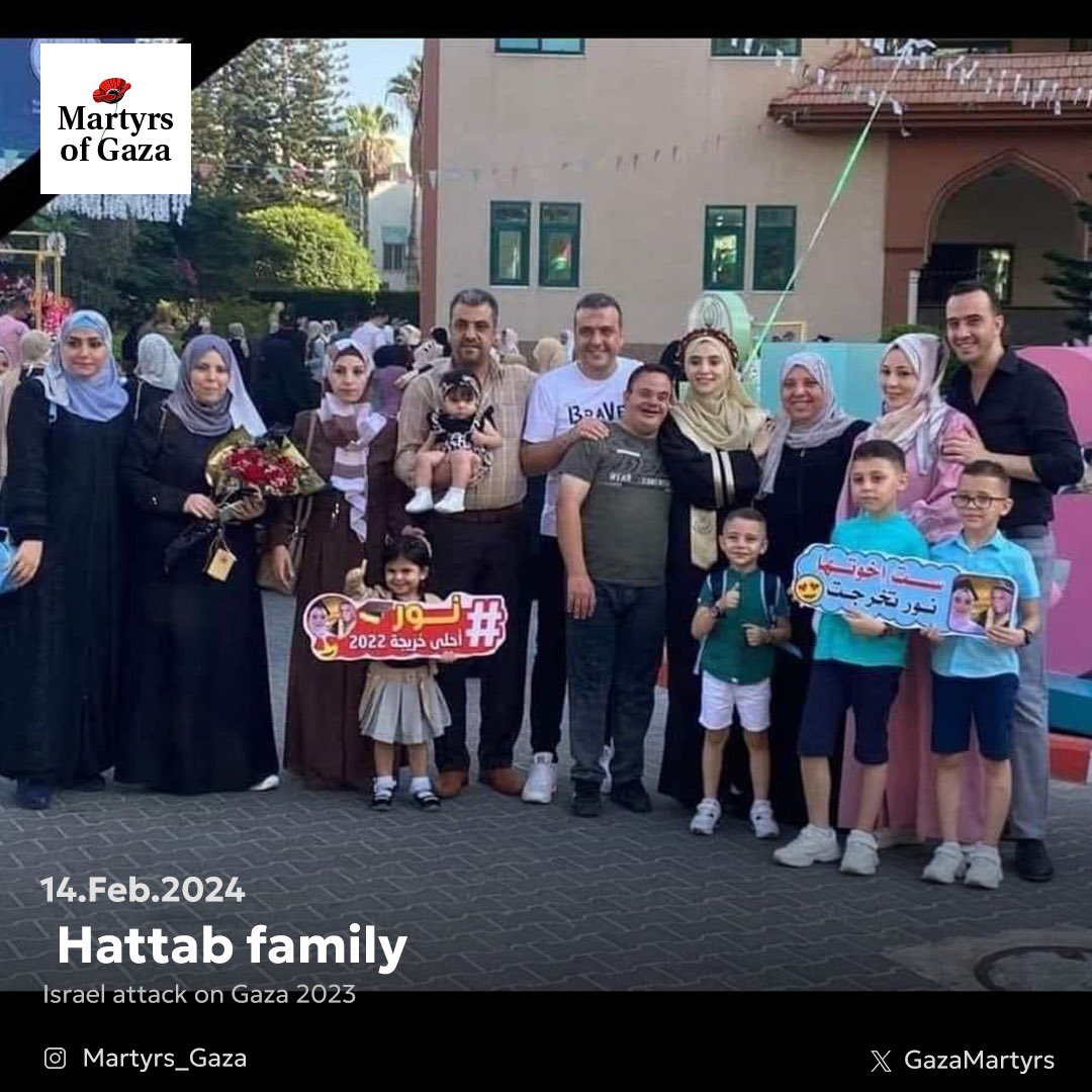 GazaMartyrs's tweet photo. "Every individual in this picture was martyred"

Hattab Family

A Palestinian family erased from the Palestinian civil registry due to Israeli occupation missiles on February 14, 2024, and no one in the picture survived. https://t.co/gH2WqE2kLB