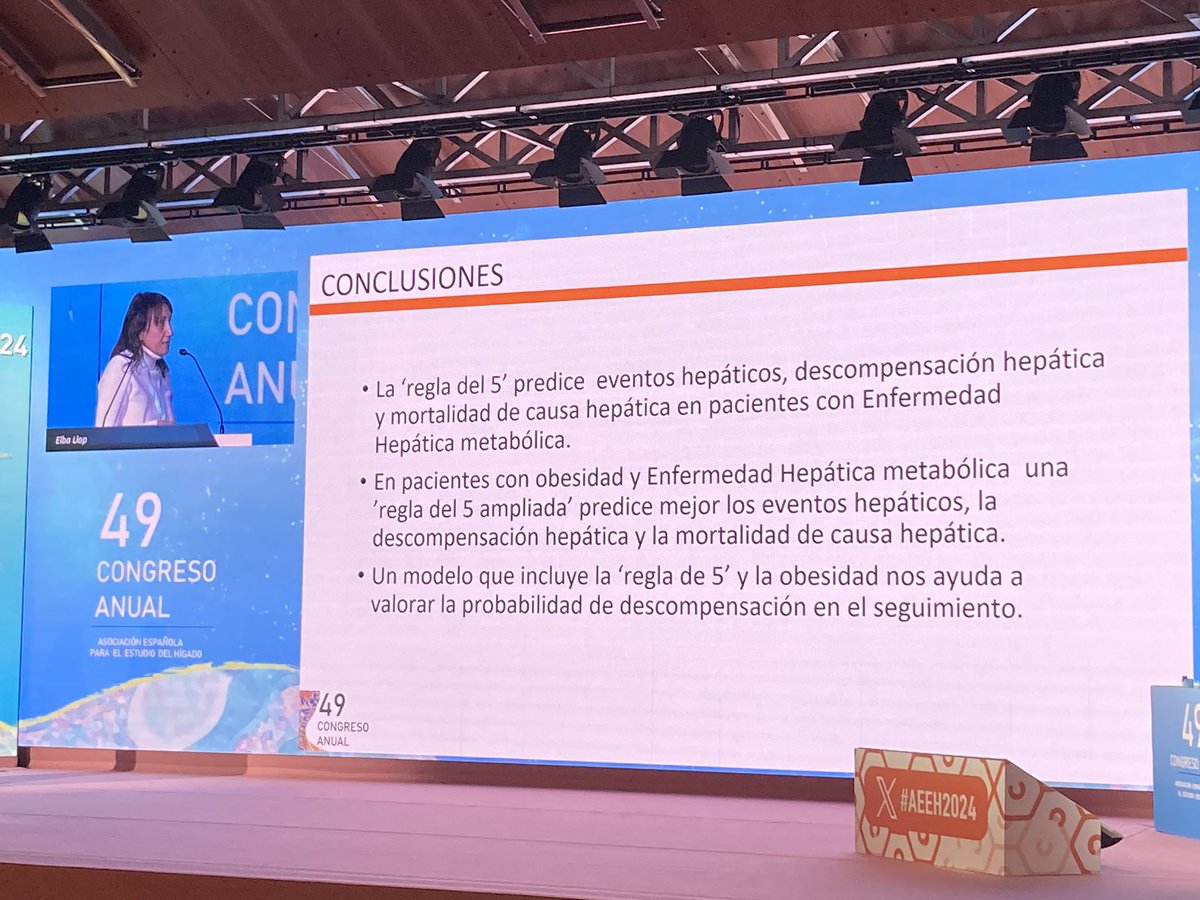 Súperinteresante el trabajo q presenta <a href="/ElbaLlop/">Elba Llop Herrera</a> 
En pacientes con EHMet con obesidad la ET parece tener valores +altos con lo que los eventos hepáticos suceden con valores +altos

Así una “regla del 5” ampliada en pacientes con obesidad prediciría mejor el pronóstico
#AEEH2024