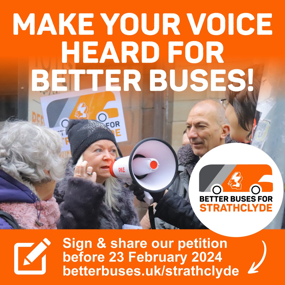 Make your voice heard for better buses! 🚍

Don't miss your chance to sign our petition to <a href="/SPTcorporate/">SPTCorporate</a> before we deliver it to them on Friday 23 February, 9:30am

Sign here✍️betterbuses.uk/strathclyde

Please share with friends &amp; family across Strathclyde &amp; join our events 👇(1/3)