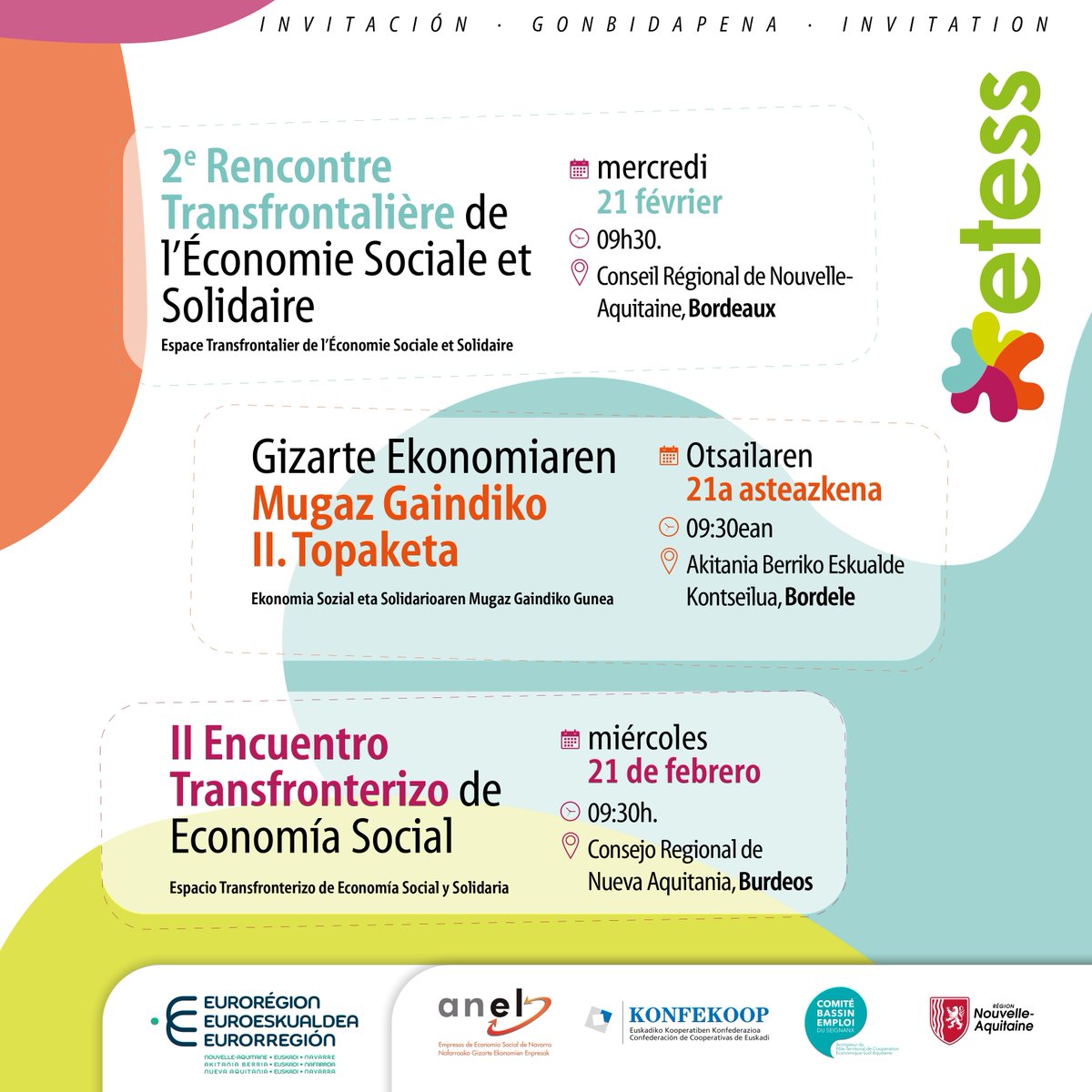 Euroregion_naen's tweet photo. Économie sociale |
⏱ J-5 | Il est encore temps de vous inscrire à la 2e Rencontre transfrontalière de l'économie sociale et solidaire où le partenariat stratégique #ETESS sera officiellement présenté !
🗓 21.02.2024 
🕘 9h30 - 12h30
🏢 #Bordeaux
📝 https://t.co/nempMemHbQ https://t.co/IS5B16HYG8