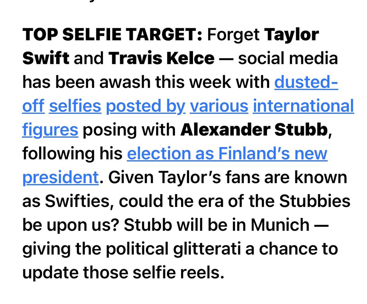 JussiMustonen's tweet photo. Ohhoh! Nyt on Stubbilla nostetta!

Taylor Swiftkin jää jo taakse selfie -kohteena. Siis ainakin POLITICO Global Playbookin mukaan. 

Hyvä Alex! Hyvä Suomi! Torille! https://t.co/6rjgaUJvf8