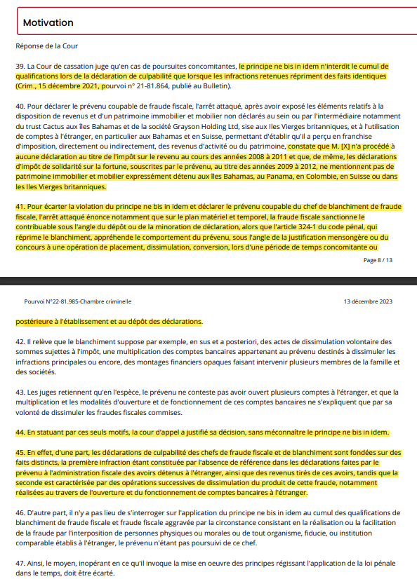 Chambre criminelle - 13 déc 2023 - Non bis in idem

L’auteur de l’infraction d’origine peut être condamné pour son blanchiment si les faits matériels lui ayant permis de commettre ces 2 infractions sont différents, même si l'élément matériel est identique. urlz.fr/pzCg