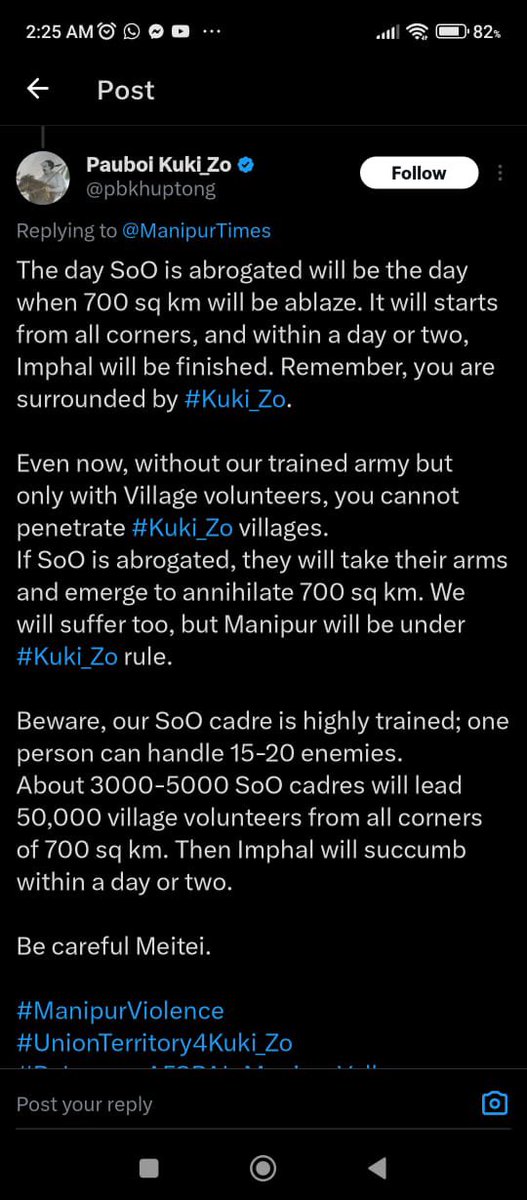 hthokchom's tweet photo. Urgent attention needed: This handle openly threatens the Indian government and the Meitei community. Immediate action urged against this individual. Help us to fight against #KukiAtrocities #Manipur #IndiaUnderAttack
#KukiAtrocities #ManipurFightBack
#AbrogateSoO
@thewire_in @ThePrintIndia @ukhrultimes @IndiaTodayNE
@TOIIndiaNews
@BBCWorld @TimesNow
@UNHumanRights
@INCSCDept @ukhrultimes @the_hindu @EastMojo
@NIA_India @AmitShah
@TinyDhillon @adgpi
@KaranThapar_TTP
@BhavikaKapoor5 @AskAnshul
@volker_turk @UN_HRC @UN_SPExperts @UNSRVAW @reemalsalem76 @MichaelFakhri @Irenekhan @NiAolainF @smullallylaw @TomObokata @fglezmor @DorothyEstrada @adequatehousing @NazilaGhanea @MaryLawlorhrds @SRjudgeslawyers @fernanddev @dalitwomenrocks @DrAliceJEdwards @IE_OlderPersons #IvanaRadacic @LizBroderick #MeskeremGesetTechane @melissaupreti @binadcosta
@ICRC @Francescorocca @jagan_chapagain @IFRCAsiaPacific