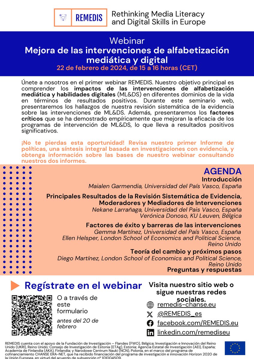 📢📌📆 Save the date! El 22 de febrero, a las 15:00h (CET) te esperamos en el I webinar de REMEDIS 'Mejora de las Intervenciones de Alfabetización Mediática y Digital'. ¿Cómo y dónde inscribirse? 👉