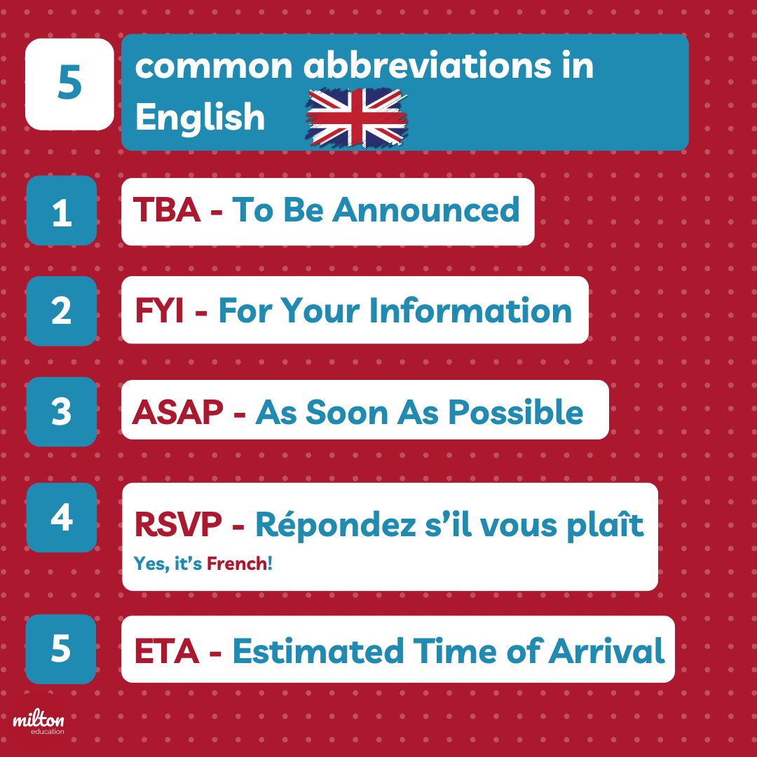 MiltonEducation's tweet image. 🏢 These abbreviations are commonly used in the workplace.

#abbreviations #shortforms #learnenglish #grammar #vocab #english #MiltonEducation #MiltonEnglishTeachers #English #ELT #TeachEnglish #EnglishLanguageTeaching