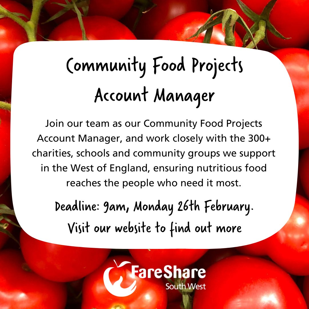 Looking for a job where you can make a real impact?

Join our team as Community Food Projects Account Manager, and work closely with the 300+ charities we support in the West of England.

Deadline: Mon 26 Feb

faresharesouthwest.org.uk/careers/ 

#BristolJobs #environmentjob #charityjob