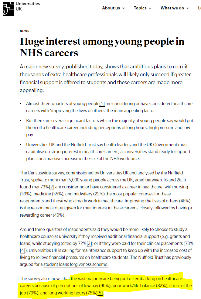 goldstone_tony's tweet photo. Very interesting poll @UniversitiesUK 
3/4 young people interested NHS career *BUT*👇

"vast majority are being put off embarking on healthcare careers because of perceptions of low pay (90%), poor work/life balance (82%), stress of the job (79%), and long working hours (75%)"