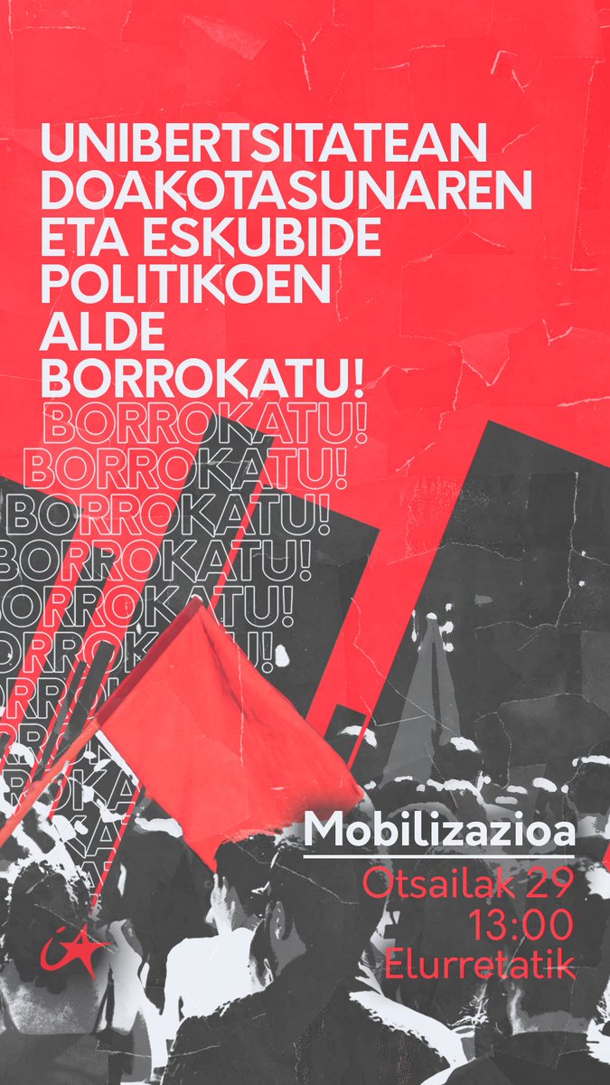 Unibertsitatean doakotasunaren eta eskubide politikoen alde borrokatzeko mobilizazioa deitu dugu otsailaren 29an, Gasteizen izango den Herri Unibertsitate Nazionalean.

Aukera paregabea ikasle langileok batzeko, hausnartzeko eta gure interesen alde borrokatzeko.

Animatu!