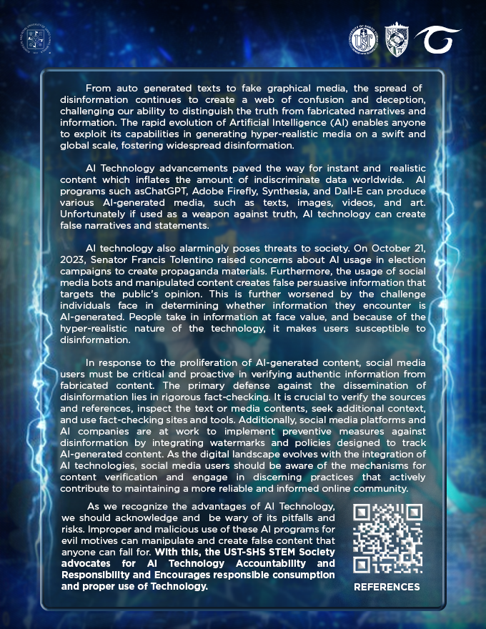ustshsstemsoc's tweet photo. From AI-generated texts to the manipulation of graphical media, disinformation weaves a complex web of confusion and deception in society. ‍🧐

Navigating the blurred lines of reality and fabrication, it’s crucial to discern, fact-check, and advocate for the ethical use of AI. https://t.co/zHbC3pcTxf