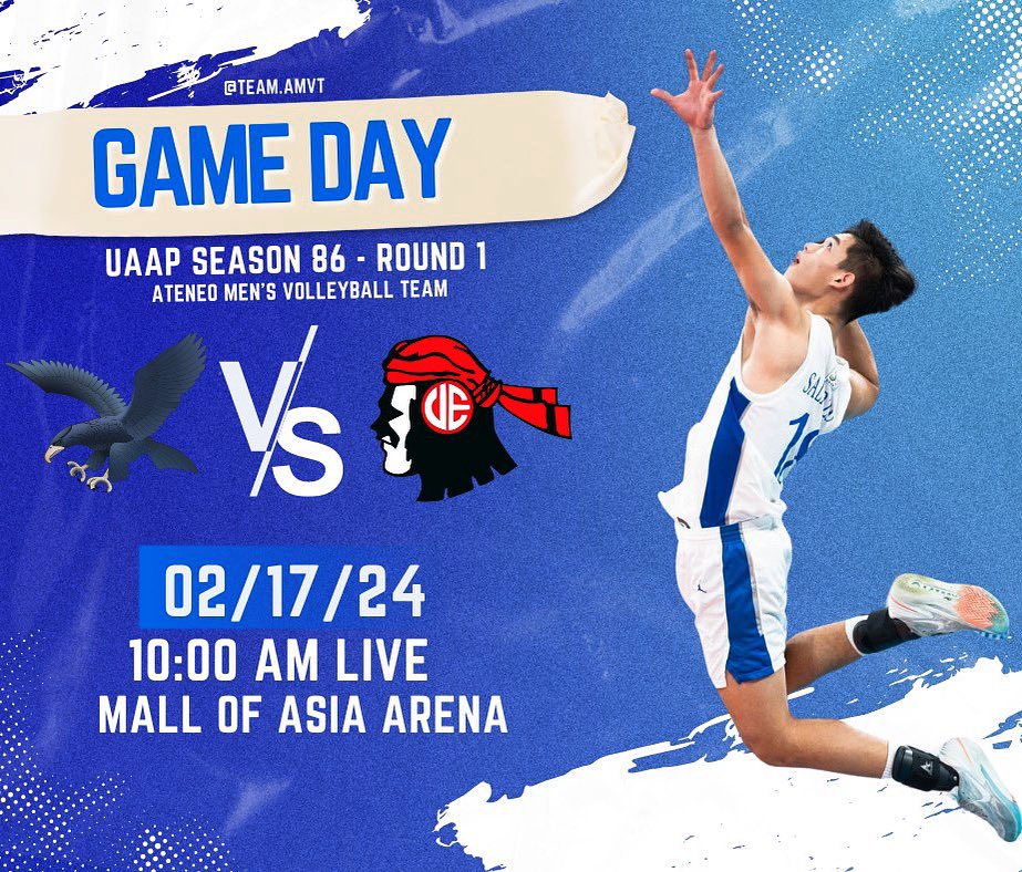 Rise and shine, it’s game time! 

Join us as the Ateneo Blue Eagles face off against UE in a showdown of skill and determination at SM Moa Arena, 10:00 AM. Let’s pack the stands with our cheers and support as we rally behind our team! 

#Ateneo #OneBigFight
#TeamAMVT