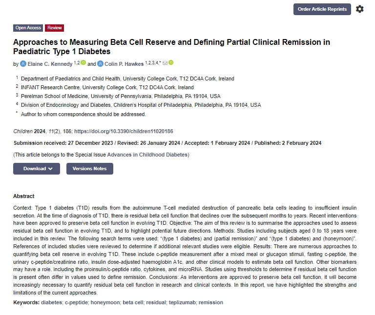 INFANT Centre (@infantcentre) on Twitter photo ℹ️ New Publication in Children
"Approaches to Measuring Beta Cell Reserve and Defining Partial Clinical Remission in Paediatric Type 1 Diabetes"
👉doi.org/10.3390/childr…
Researchers: Dr Elaine Kennedy & Prof <a href="/colin_hawkes/">Colin Hawkes</a> ℹ️ New Publication in Children
"Approaches to Measuring Beta Cell Reserve and Defining Partial Clinical Remission in Paediatric Type 1 Diabetes"
👉doi.org/10.3390/childr…
Researchers: Dr Elaine Kennedy & Prof <a href="/colin_hawkes/">Colin Hawkes</a>