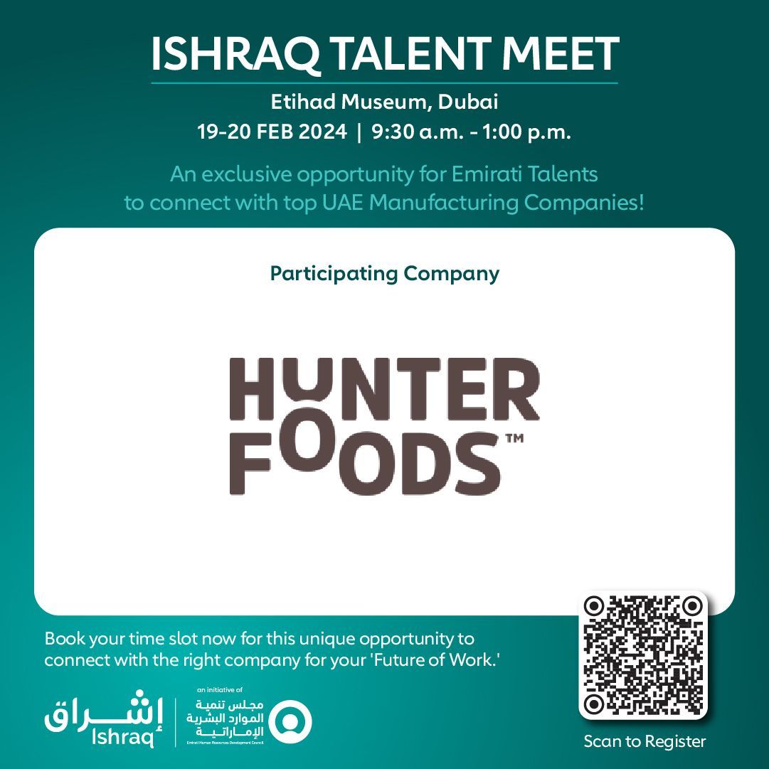 Secure your spot at the Ishraq Talent Meet and explore career opportunities with Hunter Foods! 

Scan the QR code to book your time slot. 

#ishraq #hunterfoods #careeropportunities #networking #fandb #talentacquisition #careerfair #hiringevent #dubaicareers #jobsearch #fmcgjobs