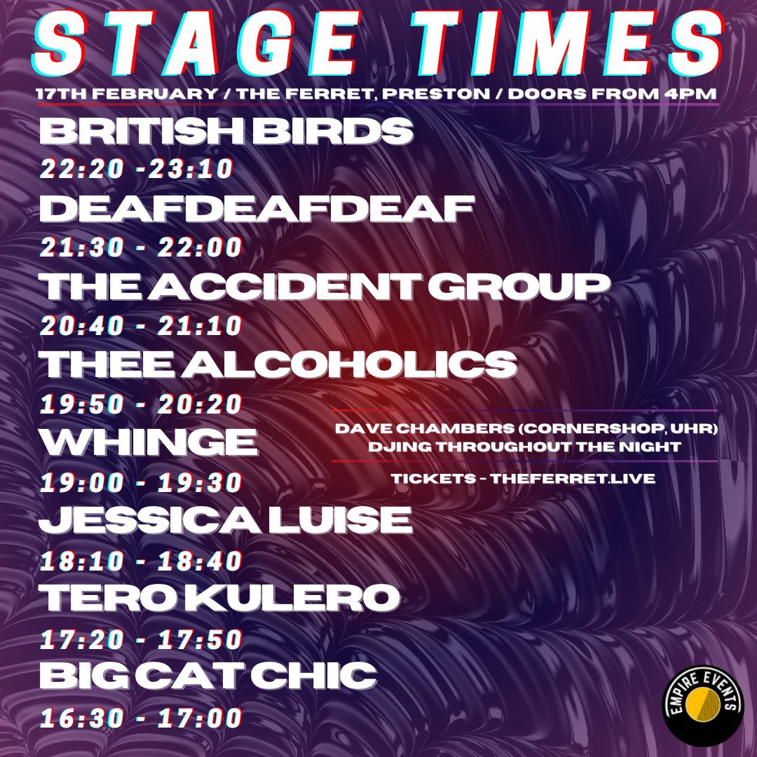 Your Stage Times for tomorrows PSYCHED UP! ALL-DAYER!, get yourself down nice and early so you don’t miss a sound from this banging lineup 👇⏰