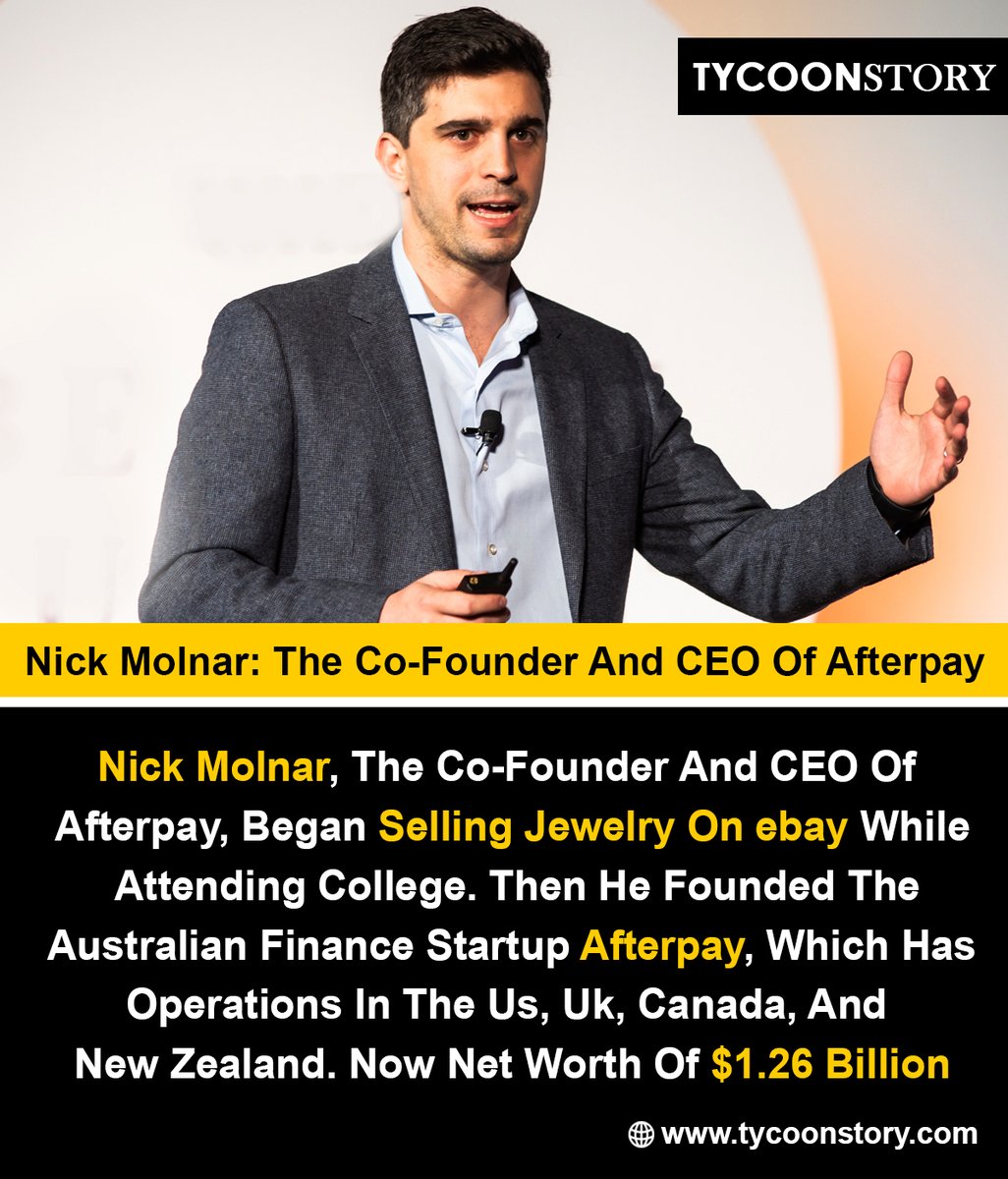Nick Molnar Is The Ceo And Co-founder Of Afterpay
#NickMolnar #Afterpay #Fintech #Payments #Square #Entrepreneurship #BusinessSuccess #Millennials #Retail #Innovation #GlobalExpansion #FinancialTechnology #StartupSuccess #BusinessGrowth @AfterpayUSA 
tycoonstory.com