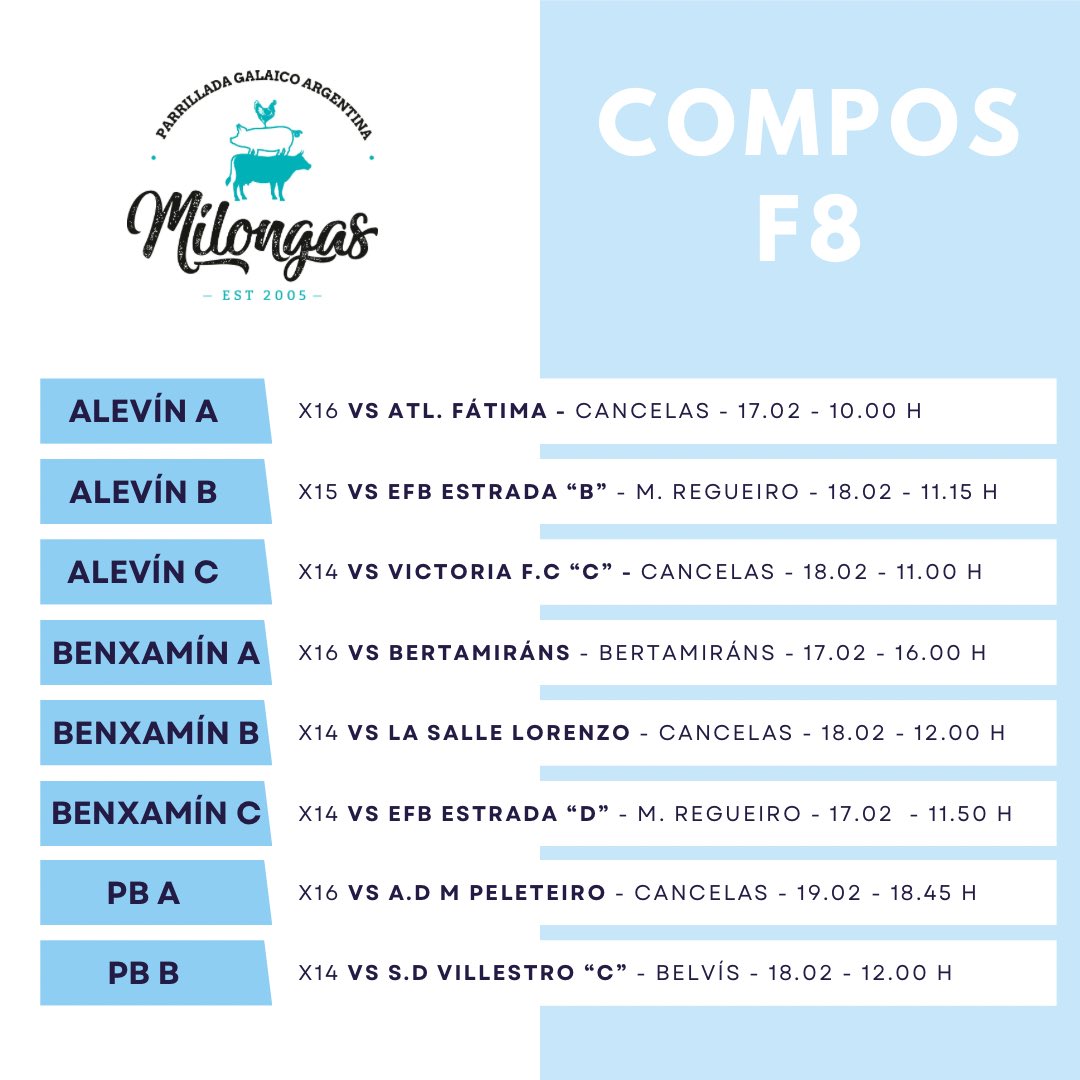 cantpicheleira's tweet photo. 𝑯𝑶𝑹𝑨𝑹𝑰𝑶𝑺 𝑪𝑨𝑵𝑻𝑬𝑰𝑹𝑨 𝑷𝑰𝑪𝑯𝑬𝑳𝑬𝑰𝑹𝑨 🩵🤍

📆 Novos encontros para a base da @SD_Compostela 

💪🏻Con nós @milongasparri 

⚽️ Desfrutamos de entroido e volvemos a xogar!

#CanteiraPicheleira https://t.co/yjWtc9scl0