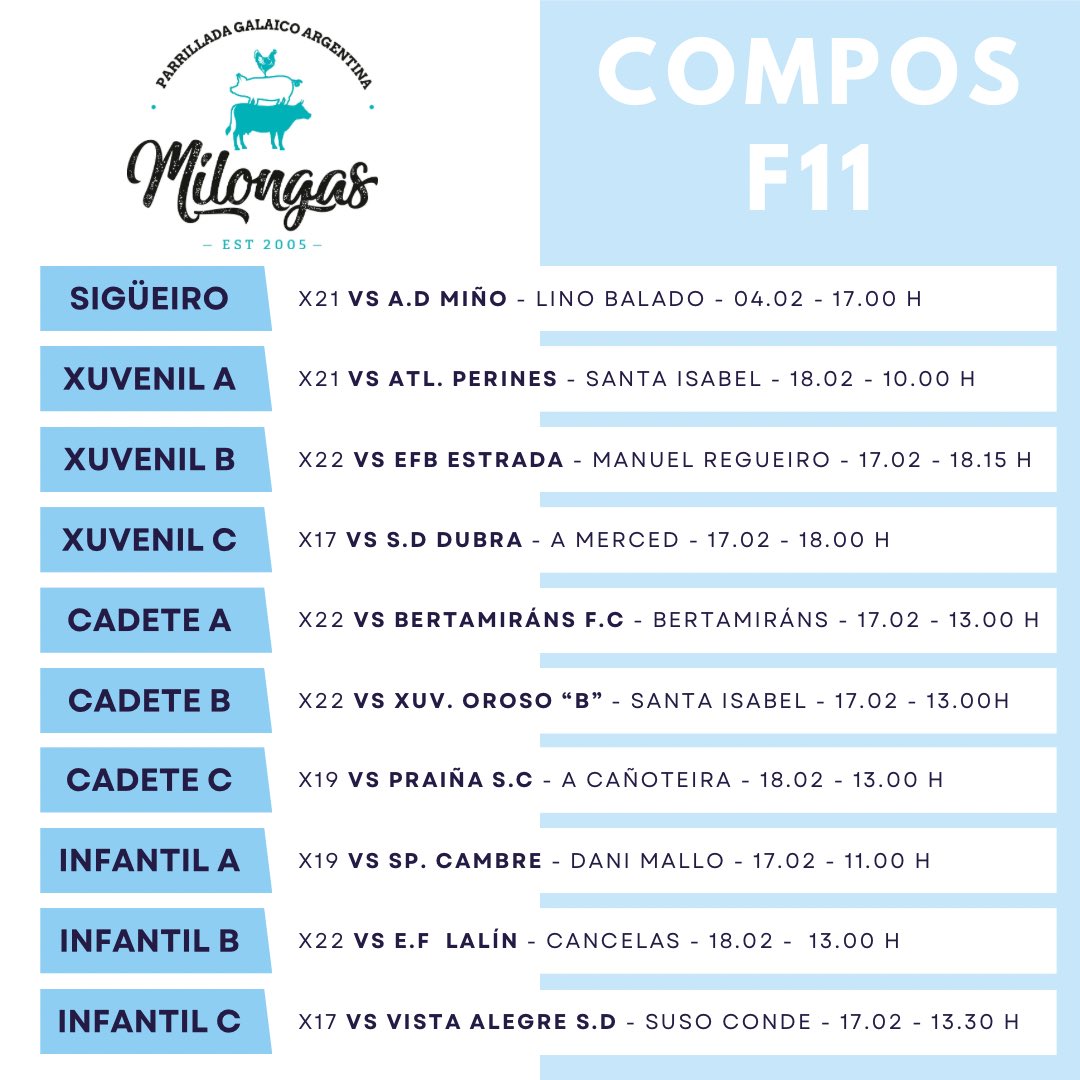 cantpicheleira's tweet photo. 𝑯𝑶𝑹𝑨𝑹𝑰𝑶𝑺 𝑪𝑨𝑵𝑻𝑬𝑰𝑹𝑨 𝑷𝑰𝑪𝑯𝑬𝑳𝑬𝑰𝑹𝑨 🩵🤍

📆 Novos encontros para a base da @SD_Compostela 

💪🏻Con nós @milongasparri 

⚽️ Desfrutamos de entroido e volvemos a xogar!

#CanteiraPicheleira https://t.co/yjWtc9scl0