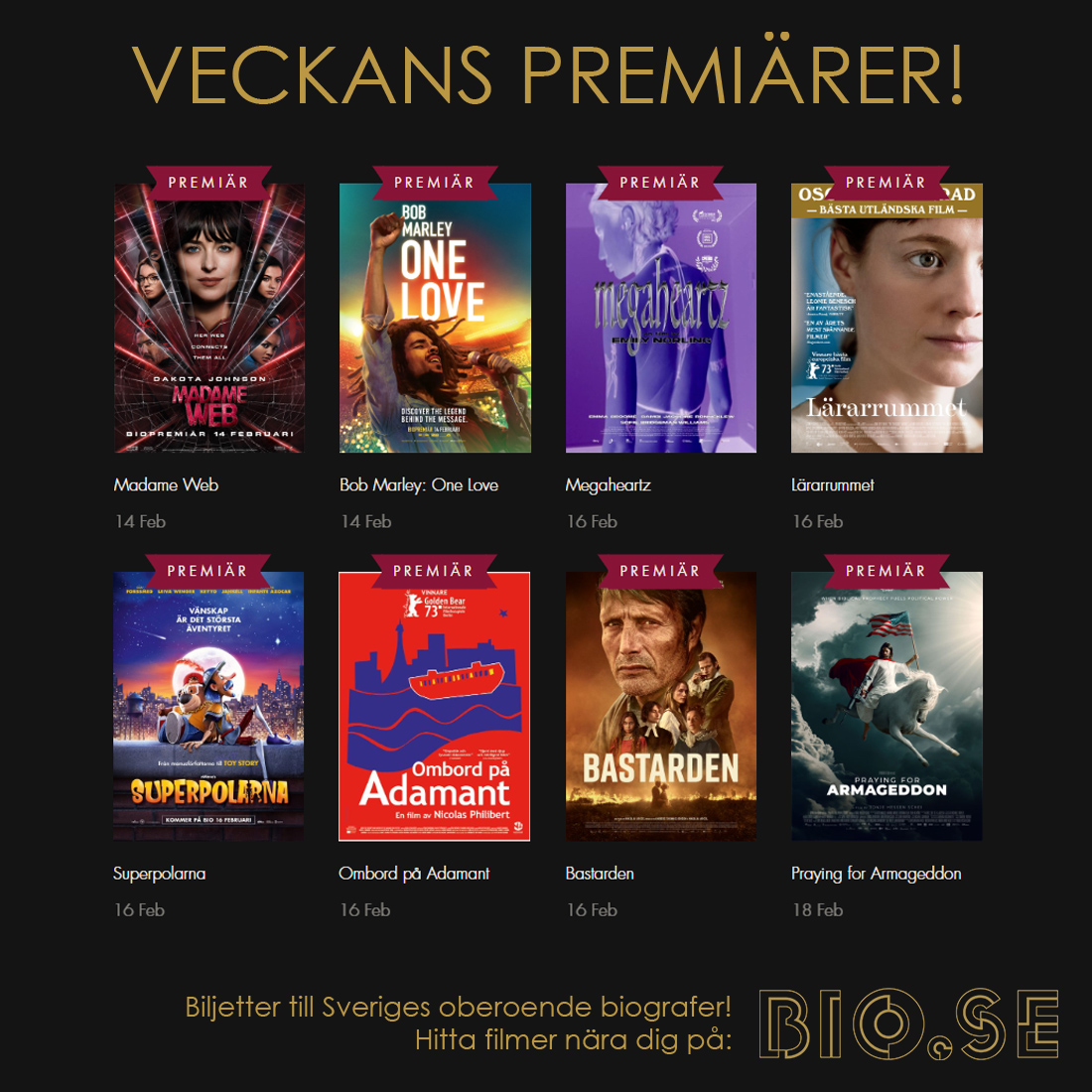 Bio_punkt_se's tweet photo. Med ett helt gäng fina premiärfilmer denna vecka - vilken väljer du? 😊🍿

#MadameWeb #BobMarleyOneLove #Megaheartz #Lärarrummet #Superpolarna #OmbordPåAdamant #Bastarden #PrayingForArmageddon #veckanspremiärer #filmtips #biopremiär #biopunktse #filmpåriktigt https://t.co/SmJaRxGSGI