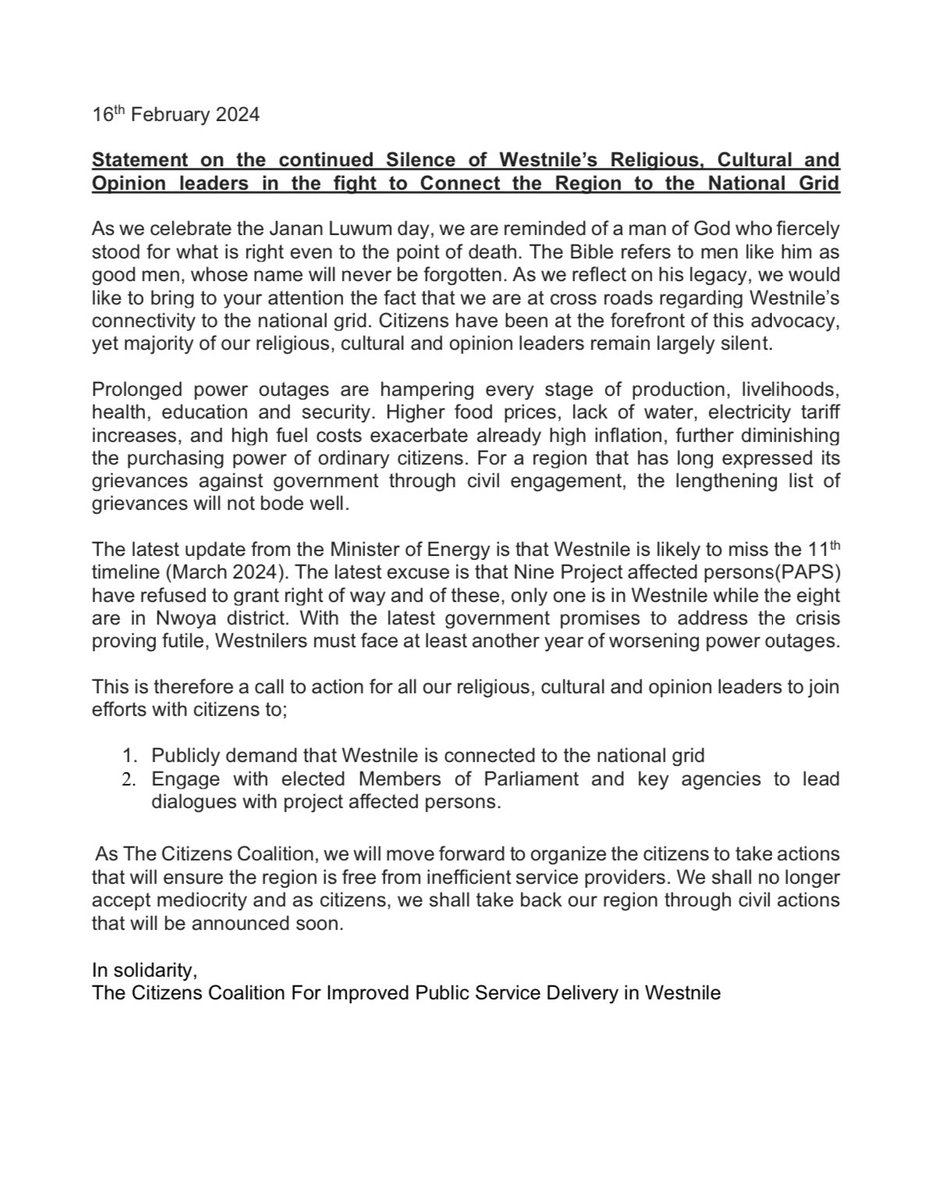 WESTNILE IN DARKNESS!!!
Statement on the continued Silence of Westnile’s Religious, Cultural and
 Opinion leaders in the fight to Connect the Region to the National Grid! 

As we celebrate the Janan Luwum day, we are reminded of a man of God who fiercely stood for what is right