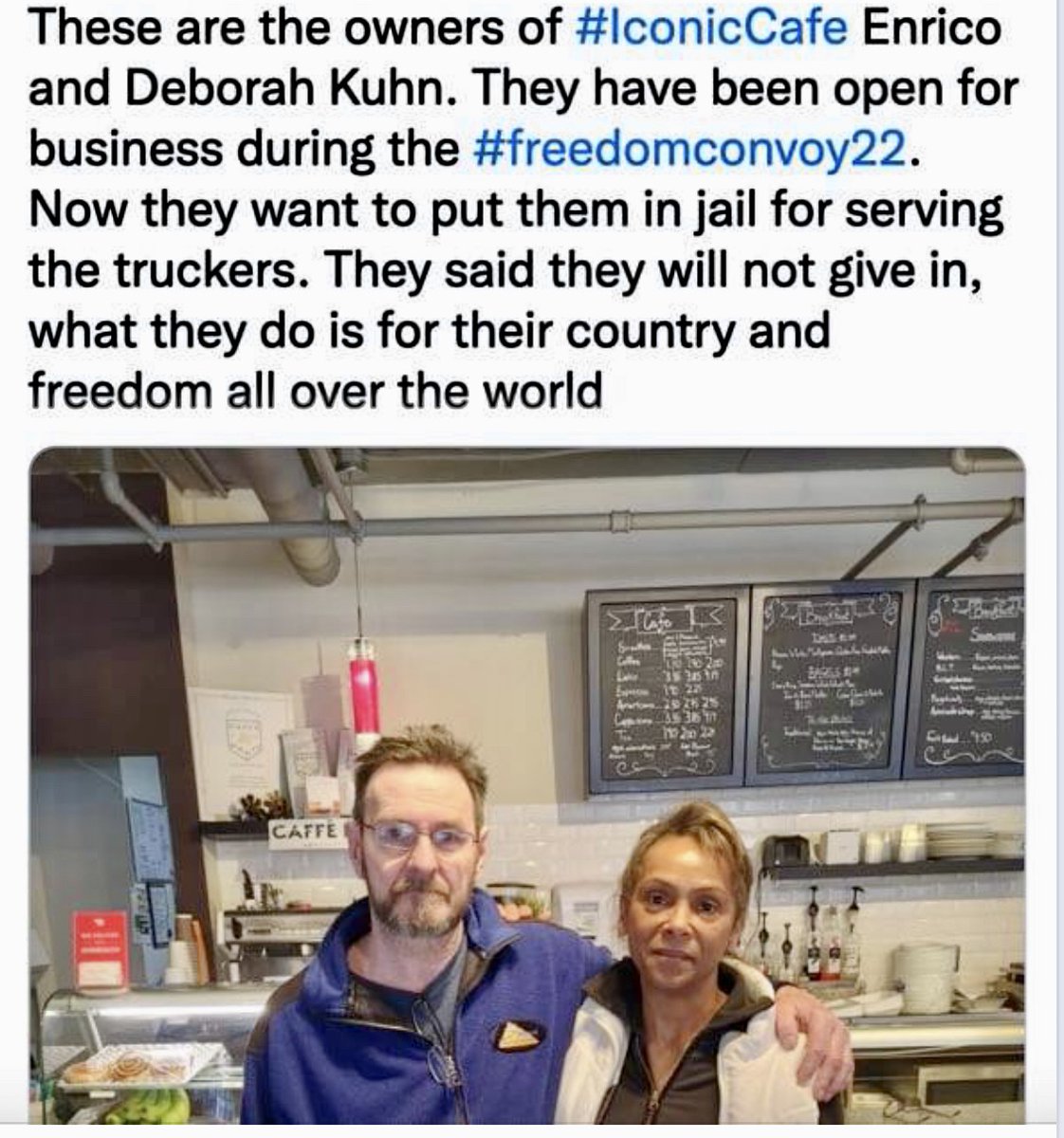 GinaMacina60's tweet photo. This is a story about Cafe owners who opened their doors for business when the Freedom Convoy arrived in Ottawa.
Their business had been shut down for months before the Truckers and supporters rolled into Ottawa.
The Trudeau gov't decided to penalize them for bringing in much needed revenue to put food on their table and a roof over their heads.