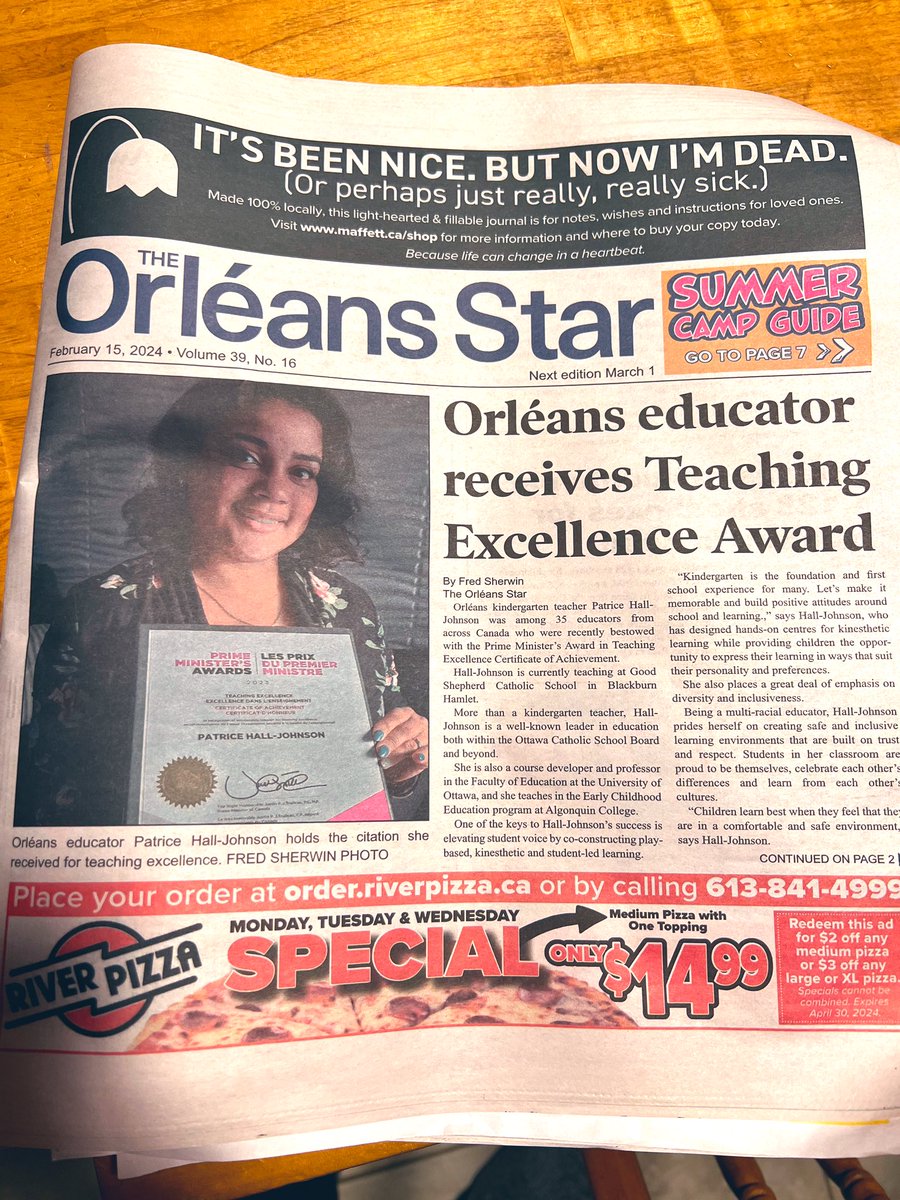 Ms_P_Hall's tweet image. Thank you @fredsherwin for memorializing this moment. One I haven’t yet celebrated to the fullest as “life be lifing” so thank you! 🙏🏽 A front page feature too? What a pleasant surprise 🫣 @OrleansStar #PMAward @JustinTrudeau @ISED_CA @ottawacity #teacherlife #BlackExcellence 🥰