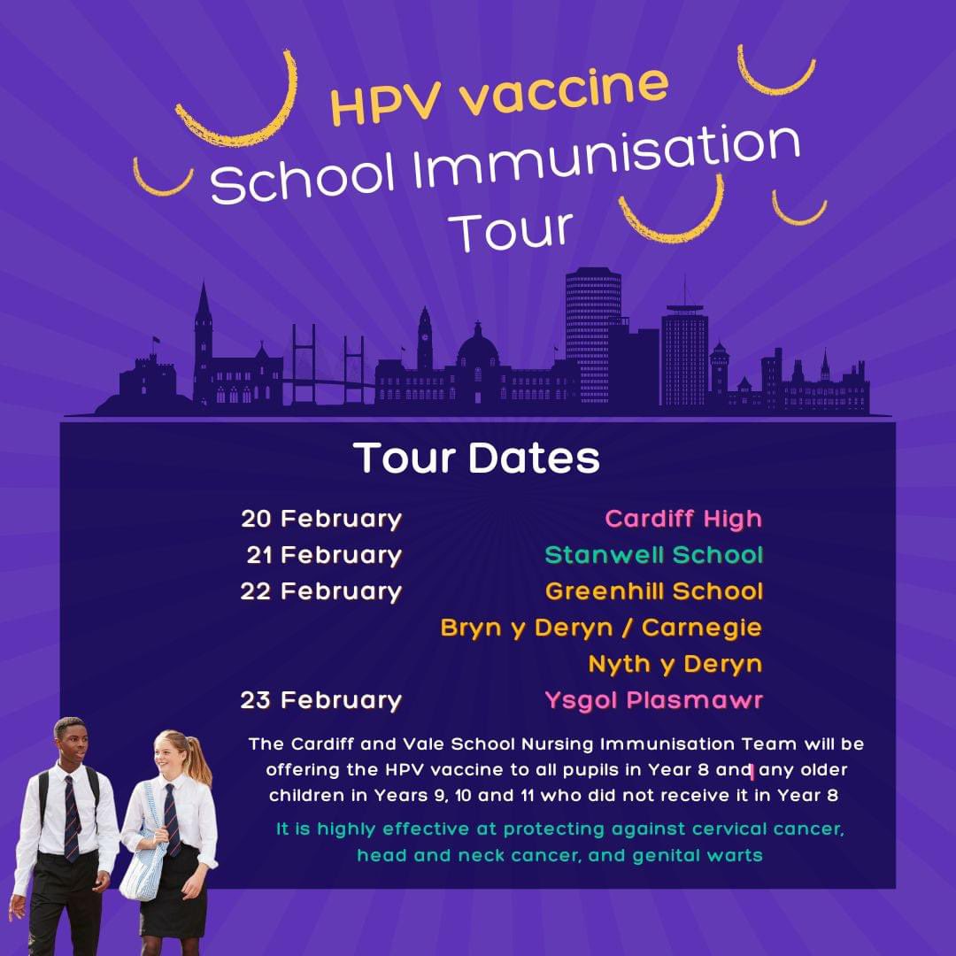 The CaV School Nursing Immunisation Team will be offering the HPV vaccine to all pupils in Year 8 and those in Years 9, 10 and 11 who did not receive it in Year 8. Here's a list of schools the team are visiting next week ⬇️ @DredgeSandra @CAV_CYPFHS @PublicHealthW @CV_UHB