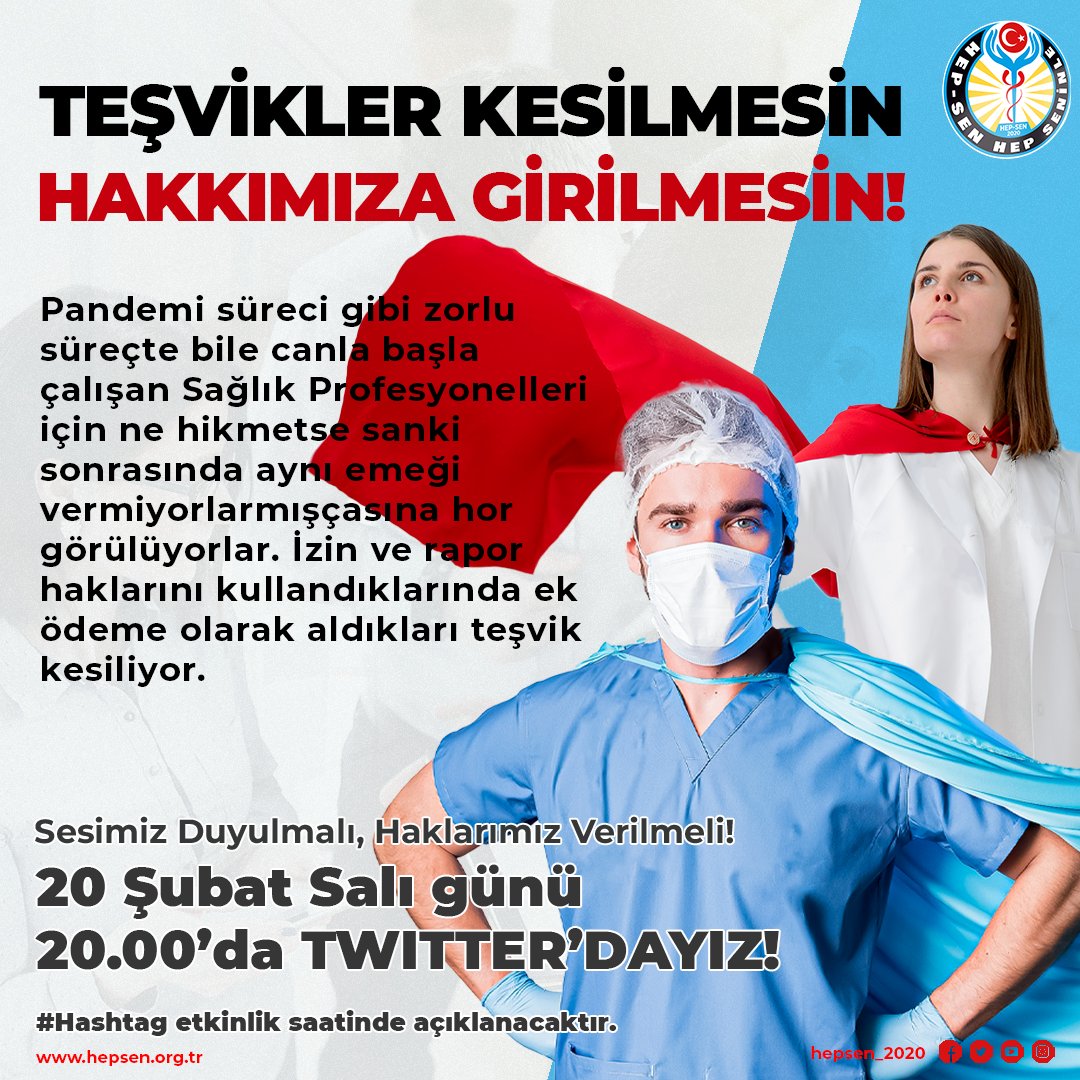TEŞVİKLER KESİLMESİN
HAKKIMIZA GİRİLMESİN! 

Pandemi süreci gibi zorlu süreçte bile canla başla çalışan Sağlık Profesyonelleri için ne hikmetse sanki sonrasında aynı emeği vermiyorlarmışçasına hor görülüyorlar. izin ve rapor haklarını kullandıklarında ek ödeme olarak aldıkları