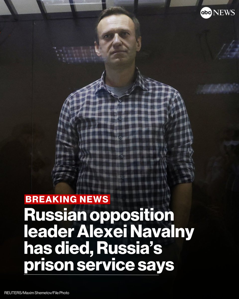 JUST IN: Alexei Navalny, the longtime Russian opposition politician and critic of Vladimir Putin, has died in prison, Russia's prison service says. trib.al/hEOZwnm
