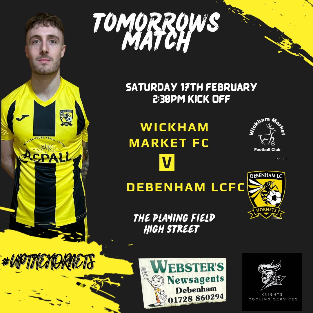 DebenhamLCFC's tweet photo. ⚽🐝⚽ Tomorrows Games ⚽🐝⚽

The first team travel to @WickhamMarketFC  to try and secure another 3 points.

The reserves welcome @BactonUnited89  A's to the hornets nest in hope of keeping the top spot in Div 5.

#UpTheHornets https://t.co/byIuimZ77o