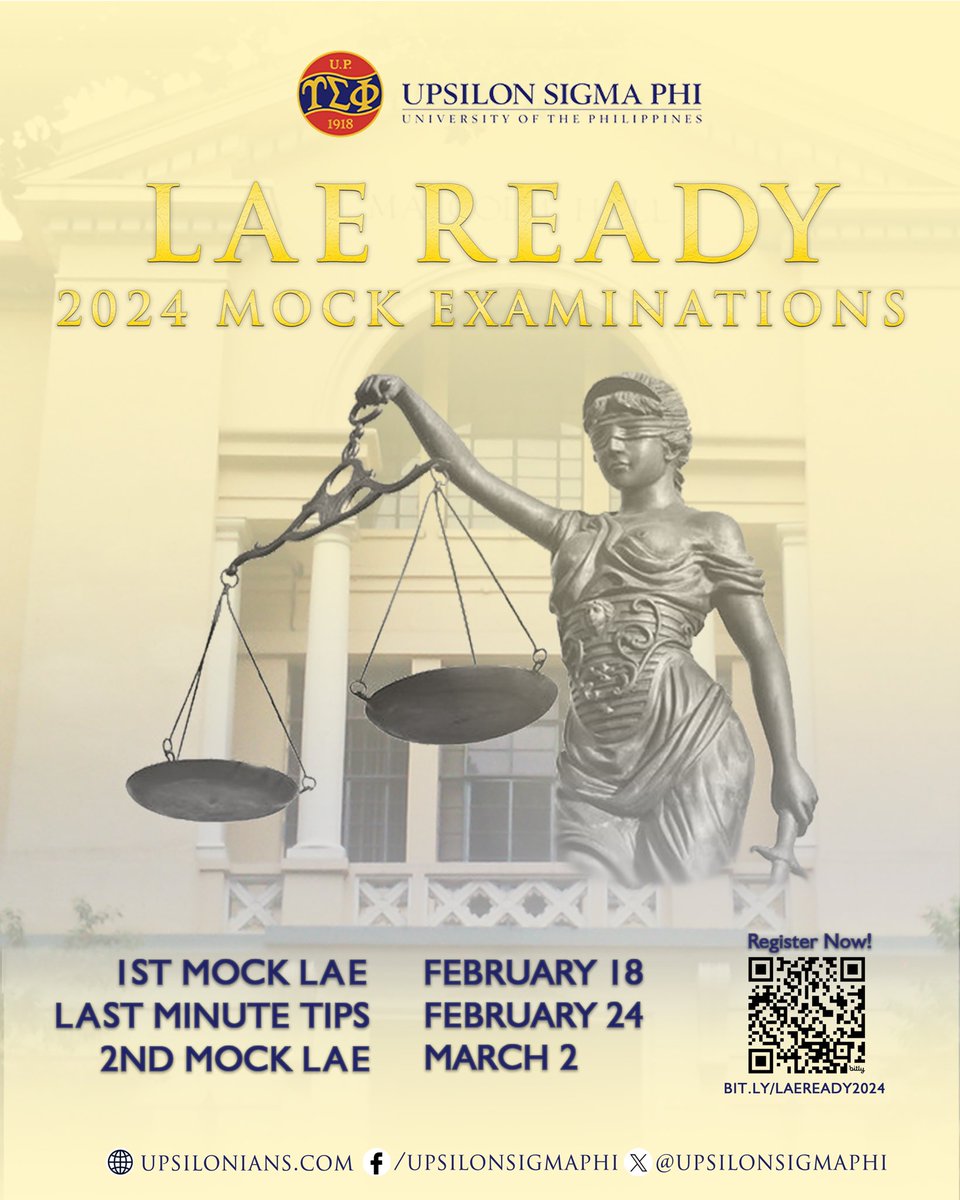 upsilonsigmaphi's tweet image. Calling all UP Law aspirants!

The Upsilon Sigma Phi cordially invites everyone to 𝐋𝐀𝐄 𝐑𝐄𝐀𝐃𝐘, a review initiative that would guide aspiring lawyers in their preparation for the LAE.

Registration link: bit.ly/LAEREADY2024

#UPCollegeofLaw
#ImperativeofService
