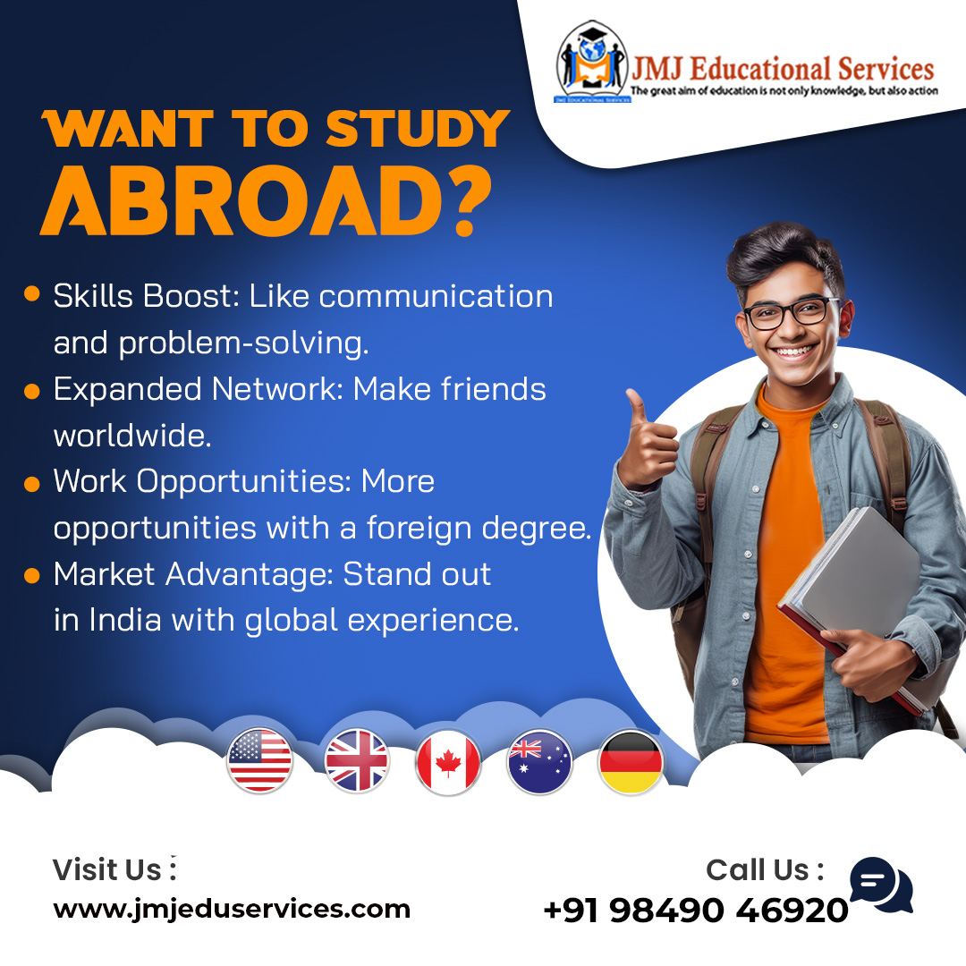 Thinking about studying abroad? Boost your skills, Expand your network, Unlock job opportunities, Stand out in India Ready to take the plunge? Reach out to JMJ Edu Services for guidance. Visit our site or call +91-98490 46920 to begin your journey! #studyabroad #education