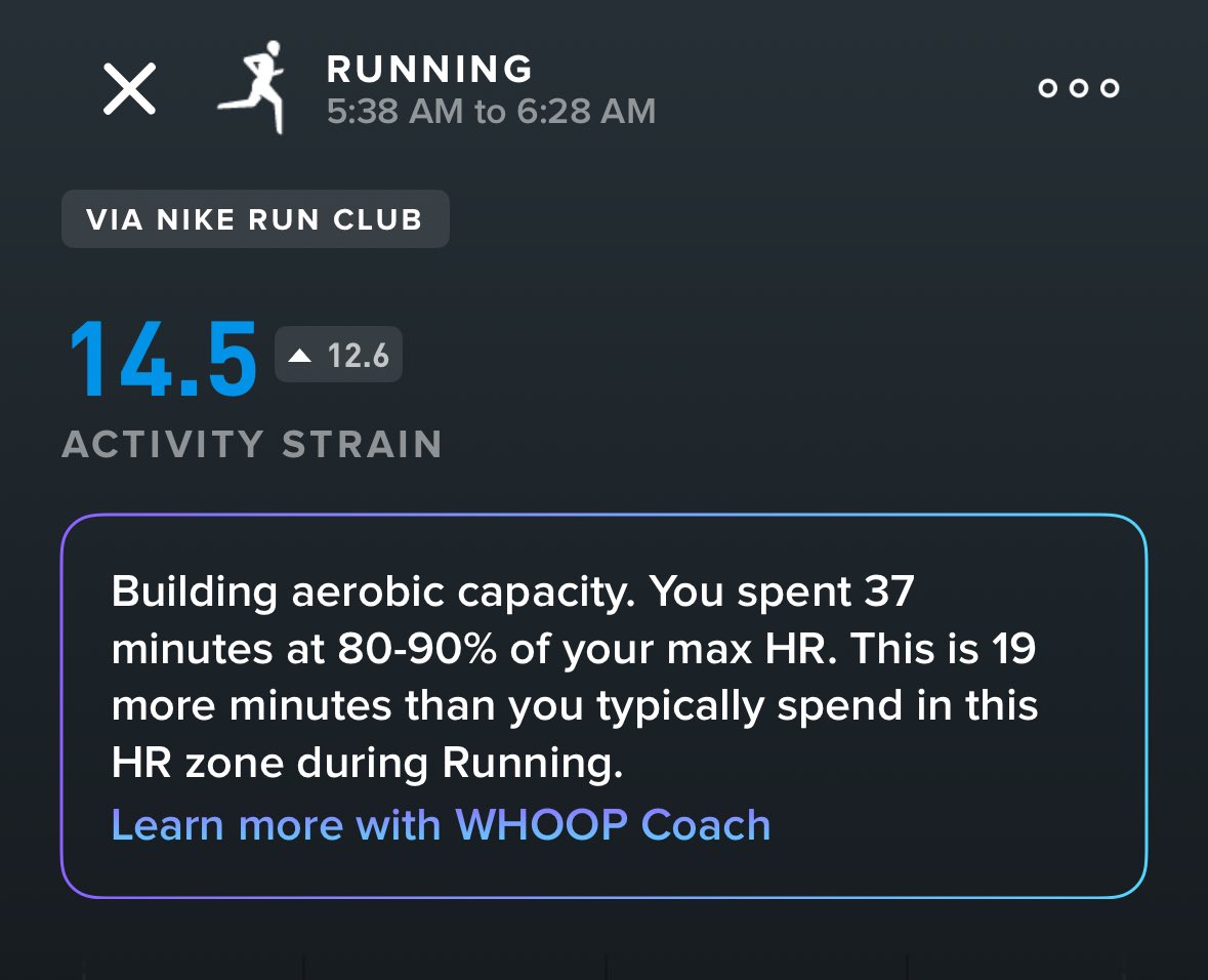 Sometimes it’s hard to notice fitness gains. Thanks to @WHOOP I notice small wins & not just the PRs. Same run, same pace every Friday with my run group. 6 months ago I was proud to hit my lowest strain of 16.3. Today, I hit a new low! The fitness is fitnessing. Keep going.😃