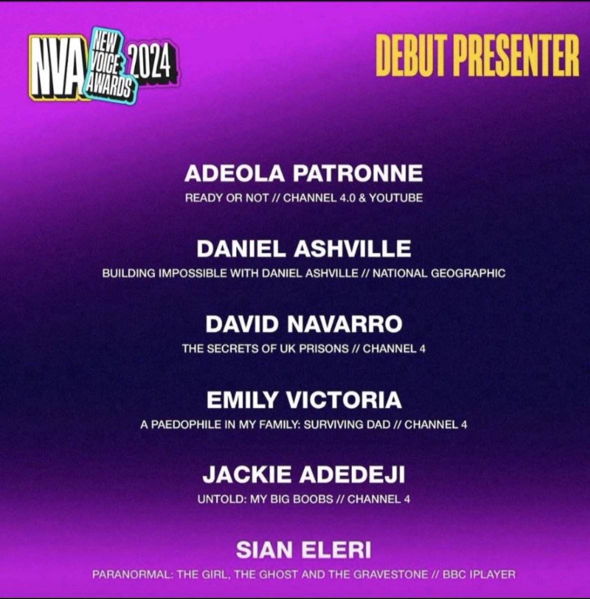 So great to see <a href="/JACKIEADEDEJI/">Jackie Adedeji</a> &amp; David Navarro nominated for two documentaries I commissioned last year while  <a href="/Channel4/">Channel 4</a> . Can’t wait to see what they do this year! 

#UntoldC4