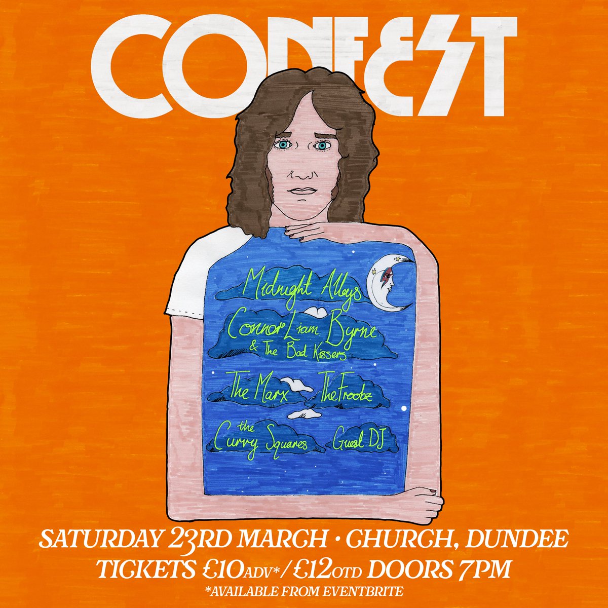 On 23/3/24 in Church, Dundee, Midnight Alleys, Connor Liam Byrne &amp; The Bad Kissers, The Marx, The Froobz and The Curvy Squares will all take to the stage to help me celebrate my 25th Birthday party all topped off with a very special guest DJ 🎉
Tickets at linktr.ee/connorliambyrne