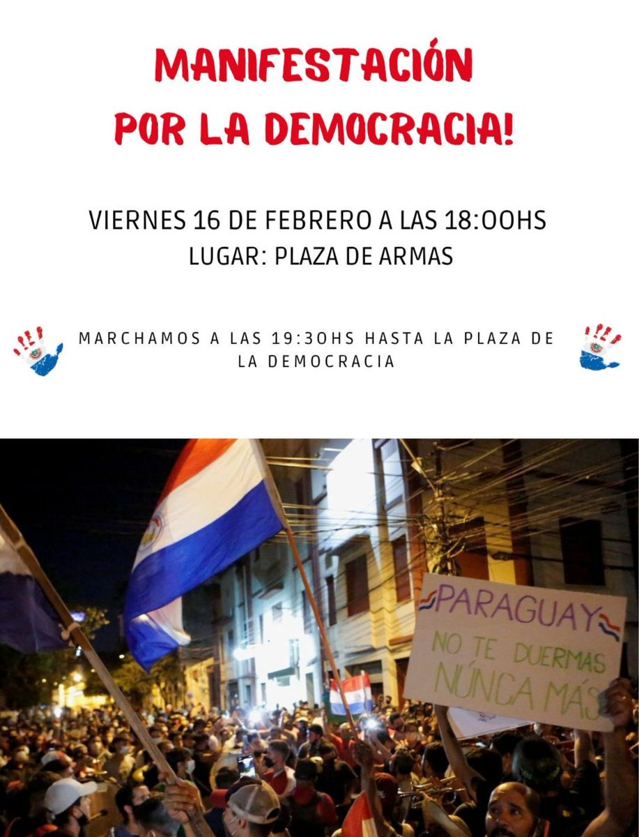 Hoy nos encontramos nuevamente a las 18:00 hs en la Plaza de Armas, y luego a las 19:30 hs marchamos hasta la Plaza de la Democracia!

Les esperamos a todos! 💪🏼

A no decaer Paraguay!!!

🇵🇾🔥