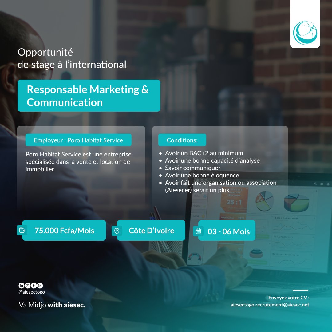 aiesecintogo's tweet photo. OPPORTUNITE DE STAGE PAYANT A SAISIR
Nous vous présentons une opportunité unique dans le domaine du Marketing et Communication.
Bénéficiez de cette opportunité en envoyant vos CV sur: aiesectogo.recrutement@aiesec.net
#vamidjo #stages #Ogxcampaign
#AIESECTogo https://t.co/6OKTiI60RB