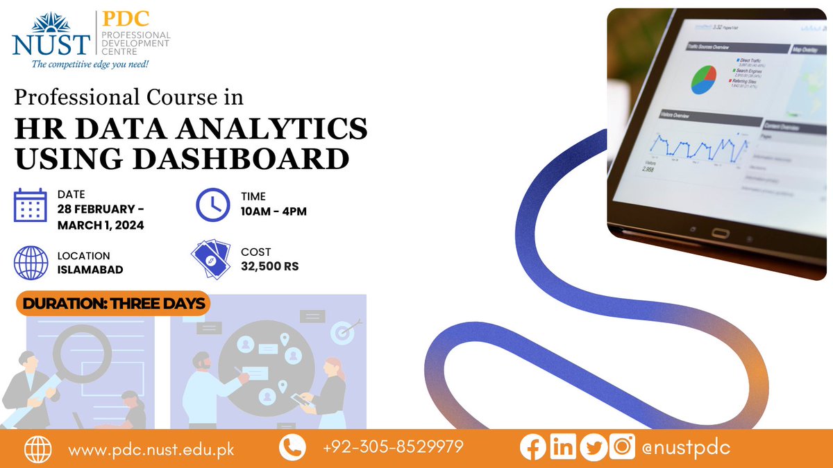 Data Analytics in HR play a critical role in enabling organizations to make informed decisions. NUST PDC is organizing a three-day workshop on 'HR Data Analytics using Dashboard'. Register now: t.ly/I2HyT 📞0305 8529979 ✉️info@pdc.nust.edu.pk