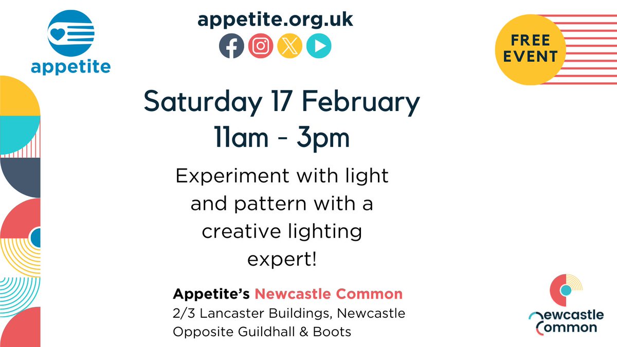 Join us for lightbulb moments and shining discoveries with a lighting expert at Newcastle Common this Saturday 17 Feb! 💡 Come on down from 11am to 3pm, for an afternoon experimenting with lights, shadows and patterns! More info at appetite.org.uk/event/more-wom…