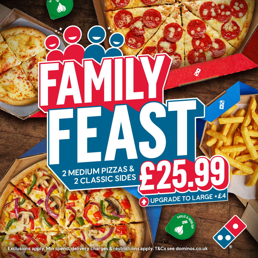FEED 👏  THE 👏 FAM 👏 

Get 2 medium pizza and 2 classic sides for just £24.99 at dominos.co.uk 

Psssst! Upgrade to LARGE pizzas for just £5 extra! 🍕