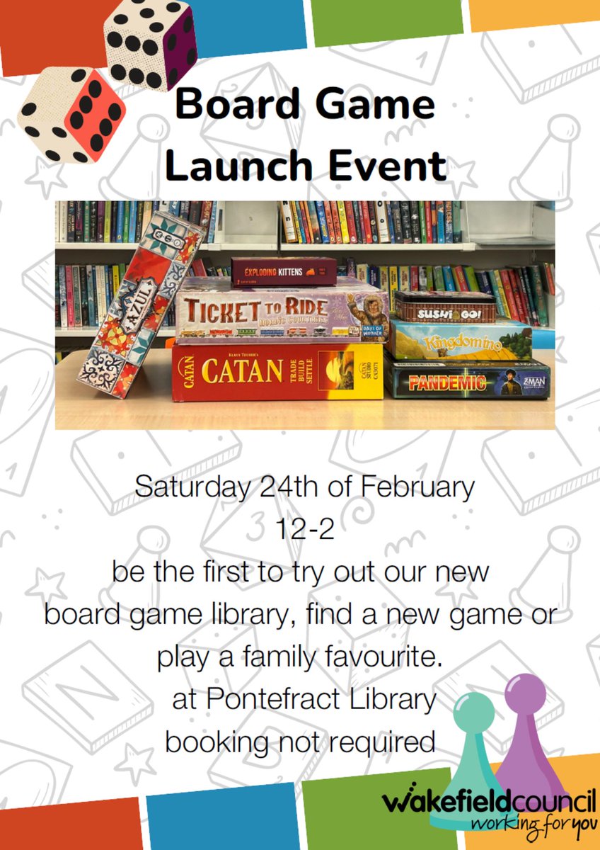 WFlibraries's tweet image. ♟️Try out our board game library at #PontefractLibrary! 
Play a new game or family favourite!
📅Sat 24 Feb ⏰12am-2pm 📍Pontefract Library
No booking required

#boardgame #library #pontefract

@WFmuseum @mywakefield @expwakefield @pontefractcivic @pontecastle @wakeymumbler