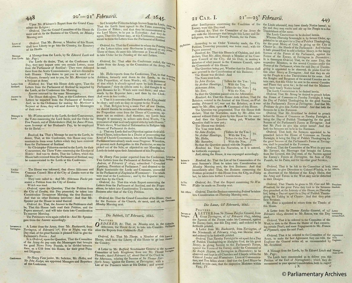 UKParlArchives's tweet photo. The Sealed Knot is the oldest re-enactment society in the UK, founded in Feb 1968, re-enacting English Civil War battles like the Battle of Torrington for over 50yrs. This entry from the Commons Journal has a letter from General Fairfax on the 'Success at Torrington'. #TowerRex https://t.co/mYyUGXoZve