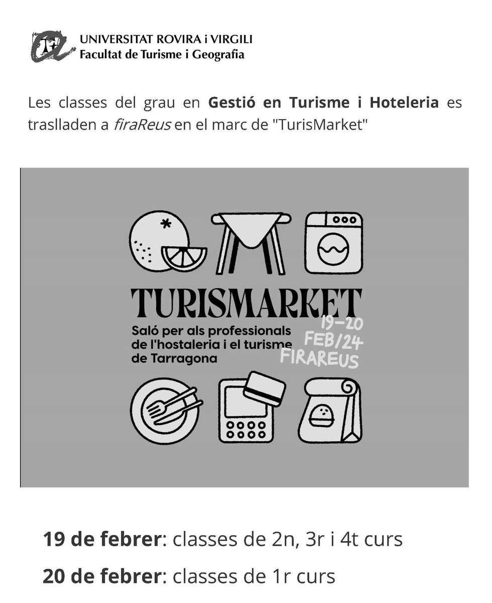 Els dies 19 i 20 de febrer les classes del grau en Gestió en Turisme i Hoteleria surten del Campus Vila-seca @universitatURV i es traslladen a Reus, al TurisMarket, organitzat per la @feht_tarragona, i que tindrà lloc a @firaReusEvents. 
turismarket.com