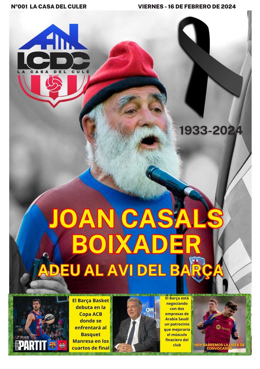 LACASADELCULER's tweet photo. ¡Tenemos el placer de anunciar nuestra vuelta a las portadas!

(En nuestra época de #SportXtra ya las teníamos)

Os presentamos la #PortadaLCDC #001.

Donde destacamos la marcha de l’avi del #Barça, el partido de la #CopaACB del @FCBbasket y más https://t.co/lSfNGQIYZ3