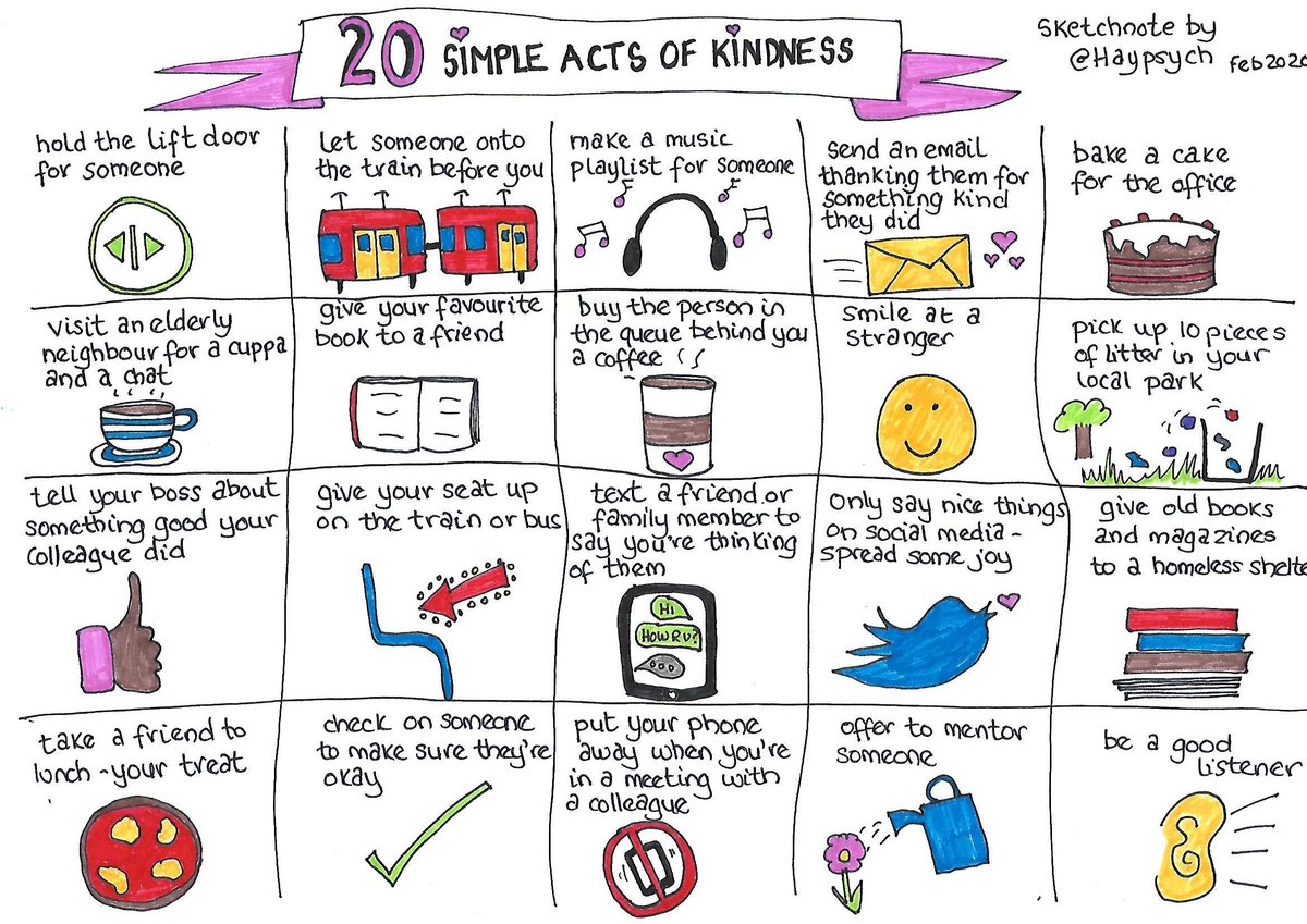 Haypsych's tweet image. It's #RandomActsOfKindnessDay tomorrow. Here is one of my #sketchnotes with 20 suggestions for simple acts of #kindness Why not create your own kindness bingo card to use? You can use it forever because, after all, kindness is for life.... not just for one day ❤️ @RAKFoundation