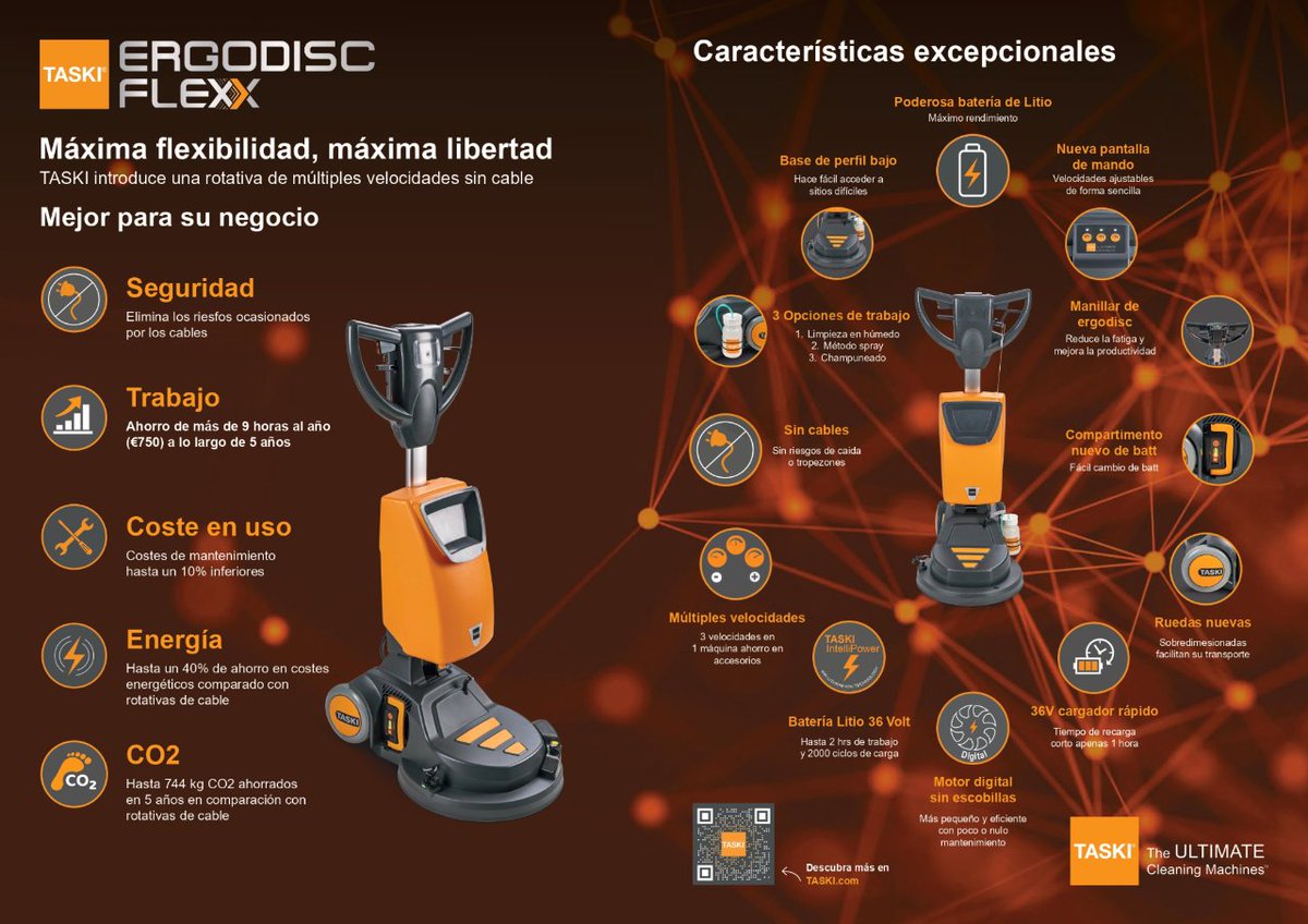 ¡Descubre la Ergodisc Flexx, sin cables! 🚀 Aporta máxima polivalencia para tareas pesadas y el cuidado diario de suelos, ¡con un solo modelo de máquina! 💪 Con perfil bajo para llegar hasta el borde y debajo de los muebles. Autonomía de 2 horas y tiempo de recarga de solo 1 hora
