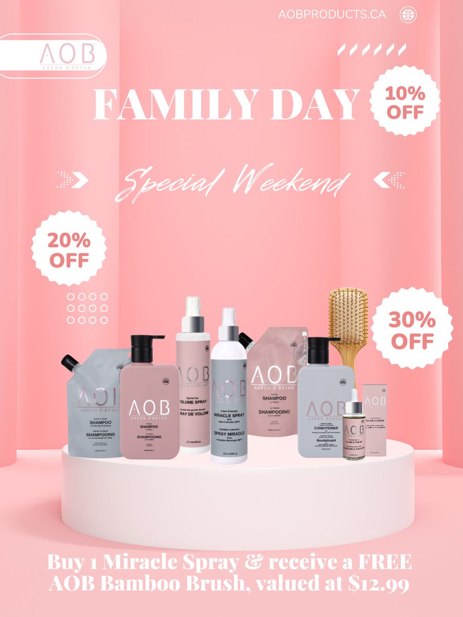 AOBProducts's tweet photo. 🌟✨ Elevate your locks this Family Day Weekend with AOB Products! 💖Enjoy exclusive savings of 10%, 20%, and 30% OFF sitewide! 🛍️💆Plus, when you grab 1 Miracle Spray, get a FREE AOB Bamboo Brush valued at $12.99! (REMINDER; ADD YOUR BRUSH TO YOUR CART)🌿✨ 💖 https://t.co/jncmt9KZyU