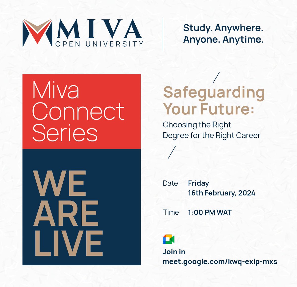 We are LIVE!!! 🎯

Use this link to join us: ⏬ meet.google.com/kwq-exip-mxs

#MivaOpenUniversity #MivaConnectSeries #StudyatMiva #GetMivaGetMoving #MivaCommunity