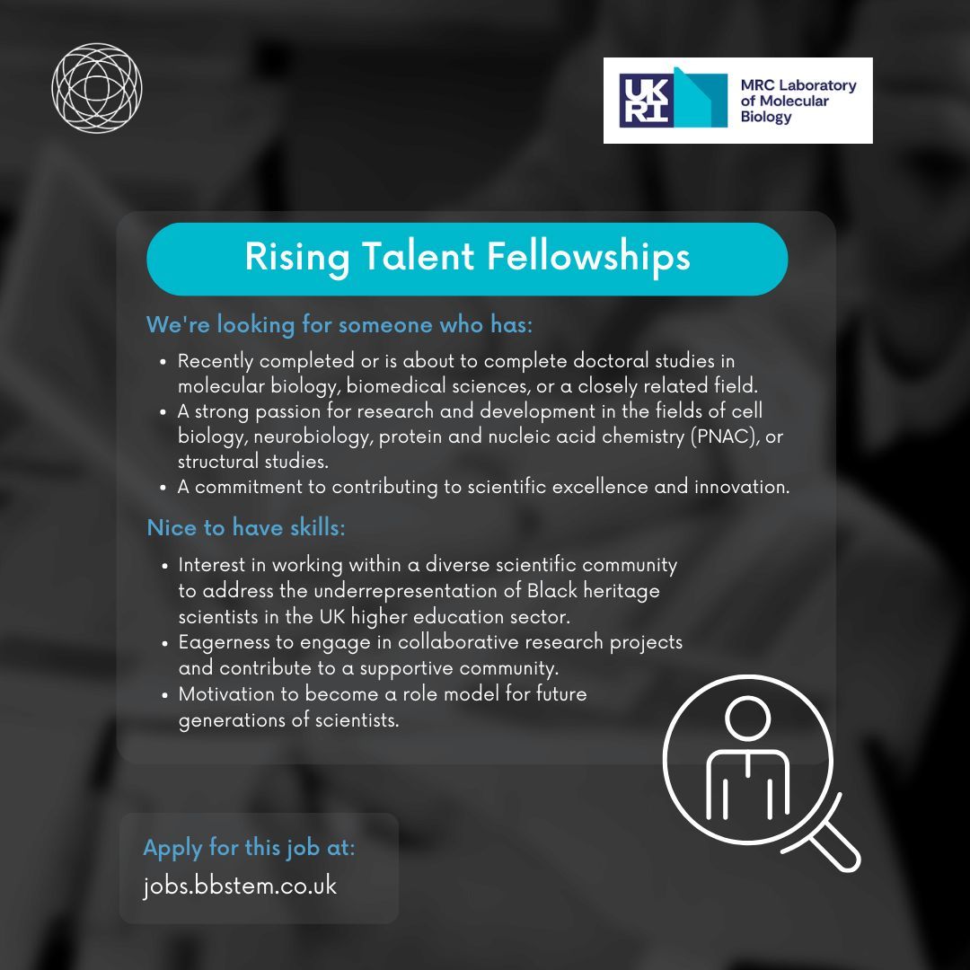 BB_STEM's tweet photo. Join MRC LMB's Rising Talent Fellowship! Elevate your research career in Molecular Biology and Biomedical Sciences. Apply Now: https://t.co/KR6DTj3vXR #BlackInSTEM #MRC_LMB #EmpowerScience https://t.co/20aLjmMvyW