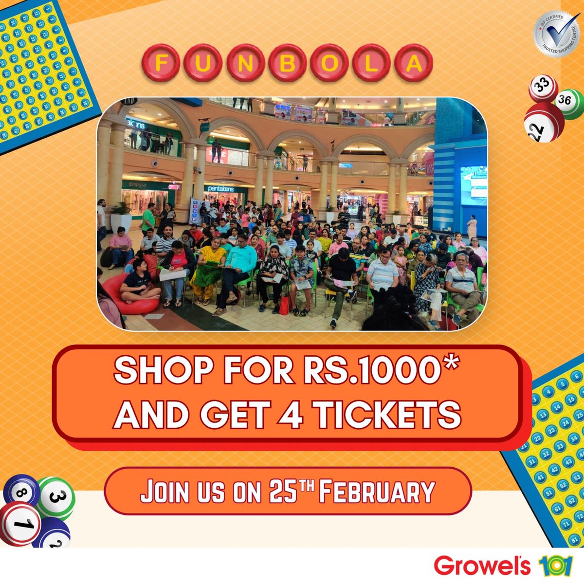 Growels101's tweet photo. Make your Sunday a fun-day with Tambola!

Shop for Rs 1000/- and earn 4 tickets to play FUNBOLA with us and win Exciting Prizes. 🤩

🗓️Date: 25th February
🕧Time: 6pm-7pm
📍Location: Main Atrium

To Register visit our G++ Desk

*T&amp;C Apply 

#growels101 #growels101mall https://t.co/hQ853rK5Oc